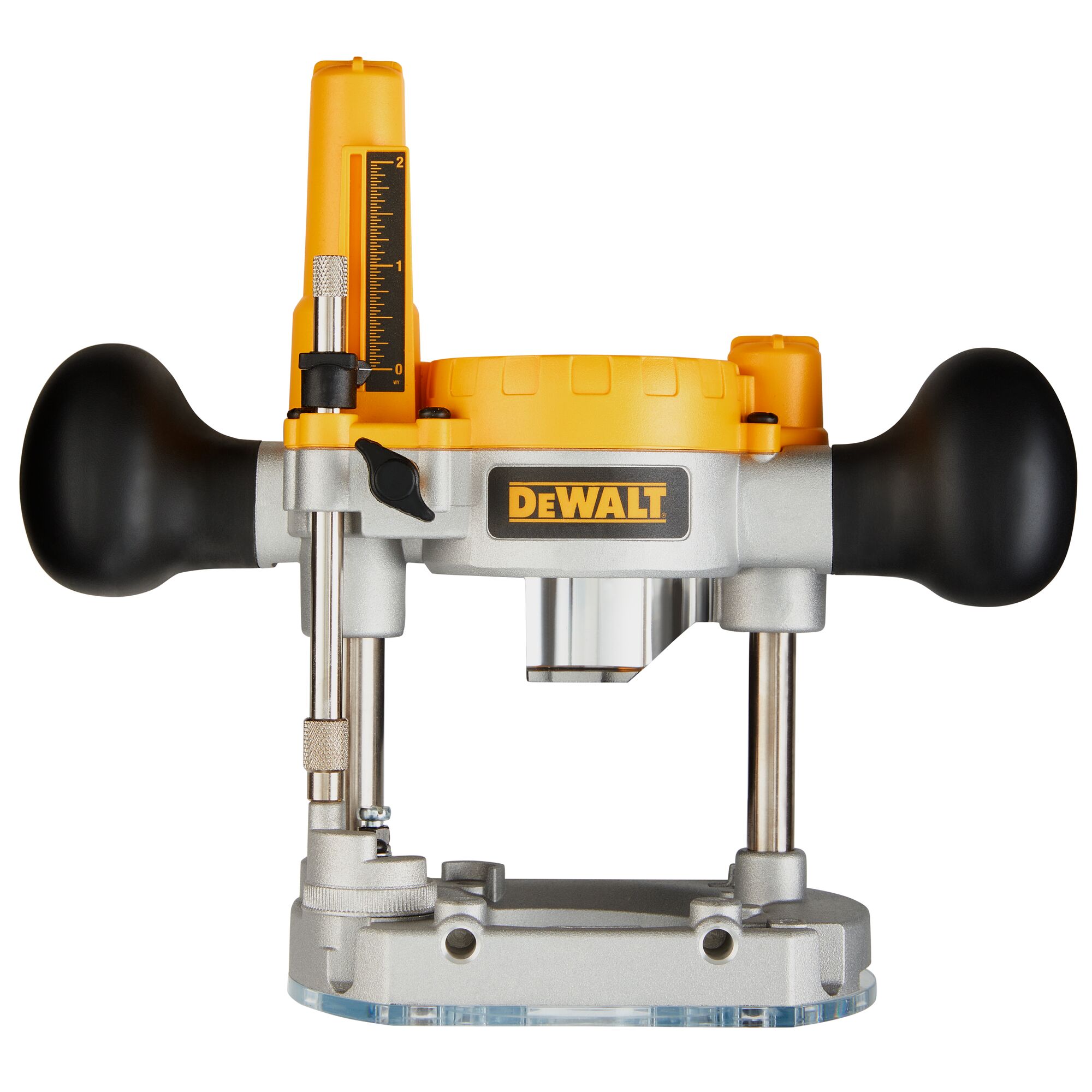 A DEWALT plunge router with yellow and black components, two handles, a metal base, and a depth adjustment guide, shown on a white background.