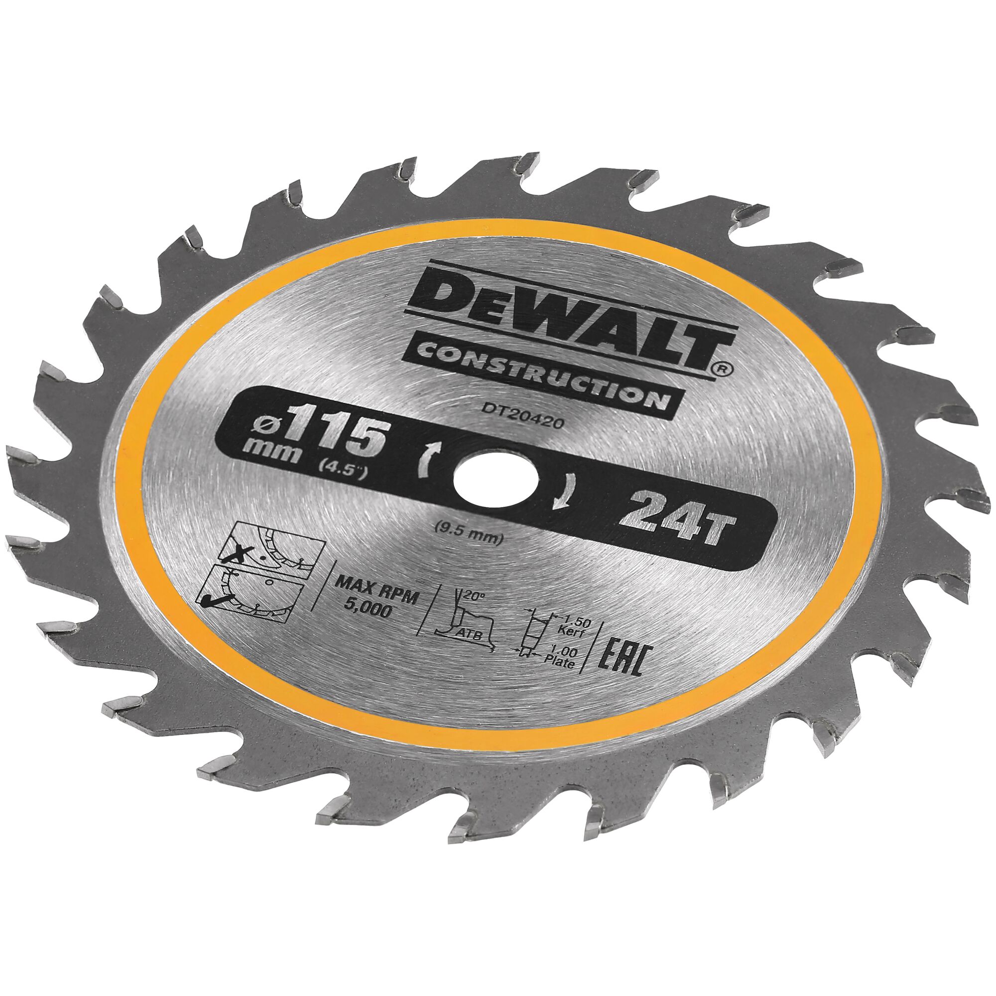 DEWALT 115mm 24T circular saw blade for construction, model DT20420, with max 5,000 RPM.