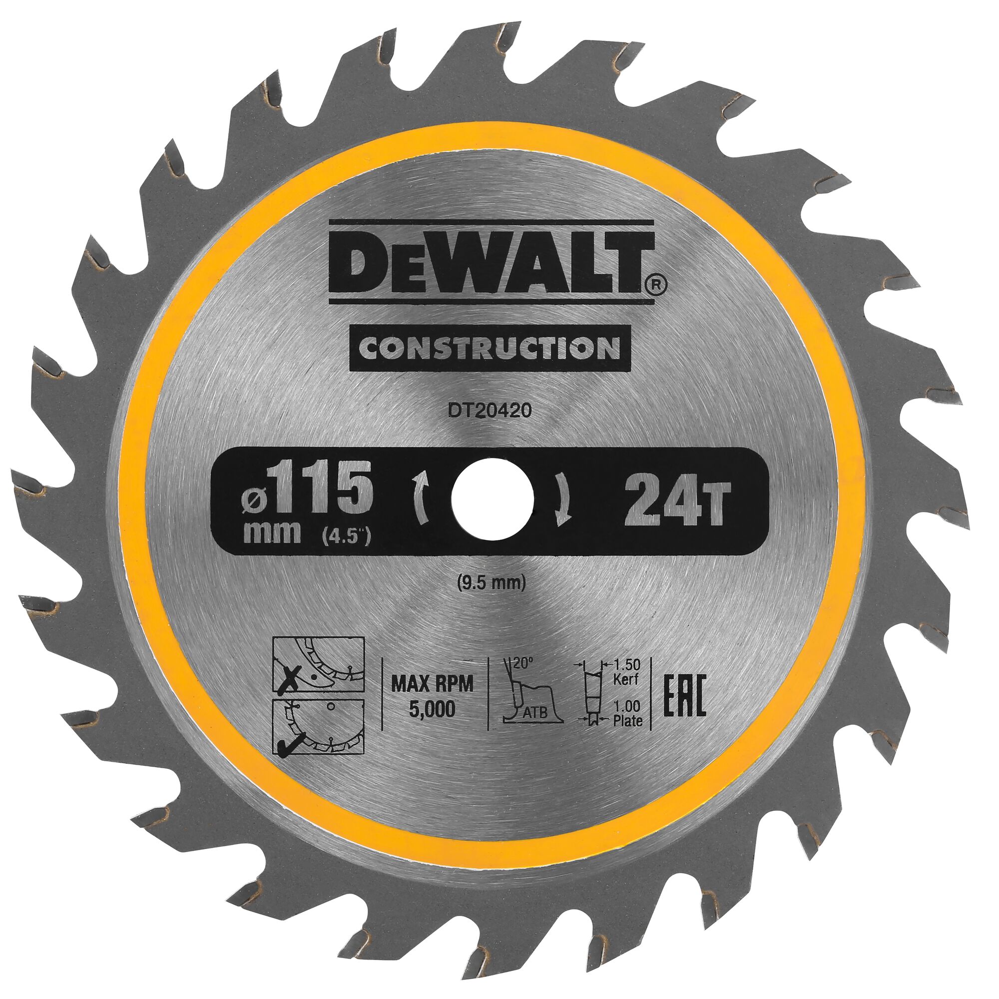 DEWALT DT20420 115mm 24T circular saw blade for construction, metal with yellow ring and technical markings.