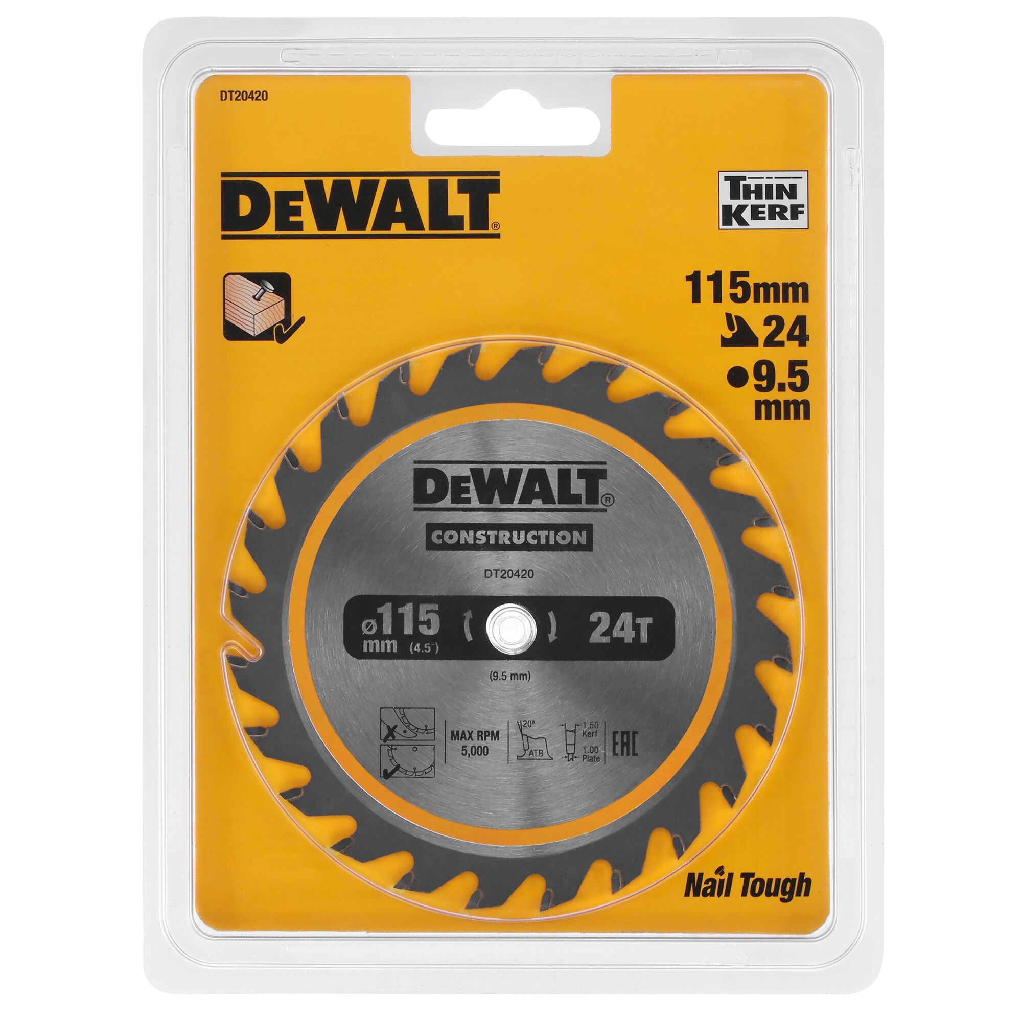 DEWALT DT20420 115mm 24T circular saw blade for wood, in yellow packaging, nail tough and thin kerf.