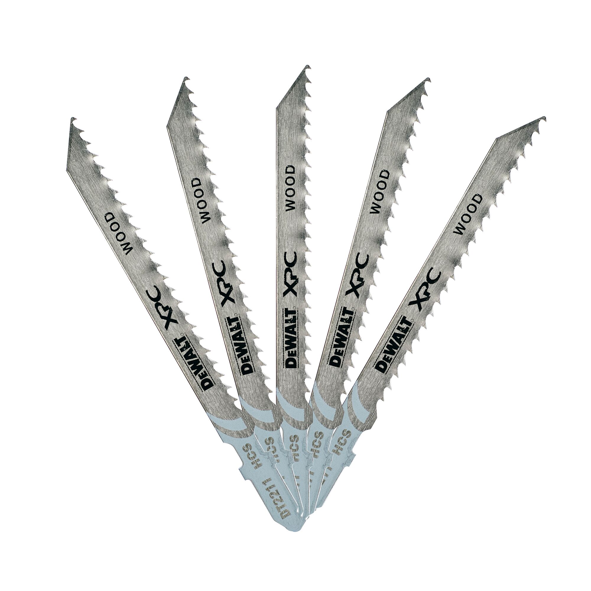 A set of five DEWALT XPC jigsaw blades for wood, fanned out. Each blade is metallic with sharp teeth and the word 'WOOD' printed on them along with the brand name DEWALT. The blades are designed for woodworking tasks.