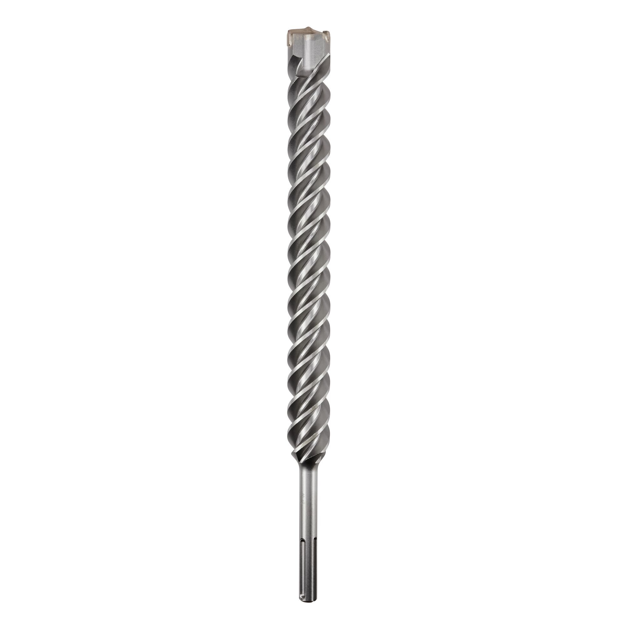 A long, silver Dewalt SDS-plus rotary hammer drill bit with a spiral flute design, displayed vertically on a white background.