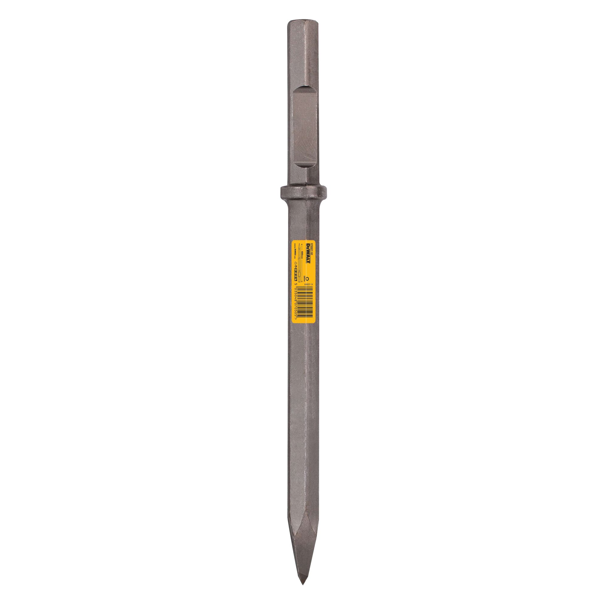 DEWALT DT6927 pointed chisel with hex shank and yellow label, designed for demolition and heavy-duty concrete work.