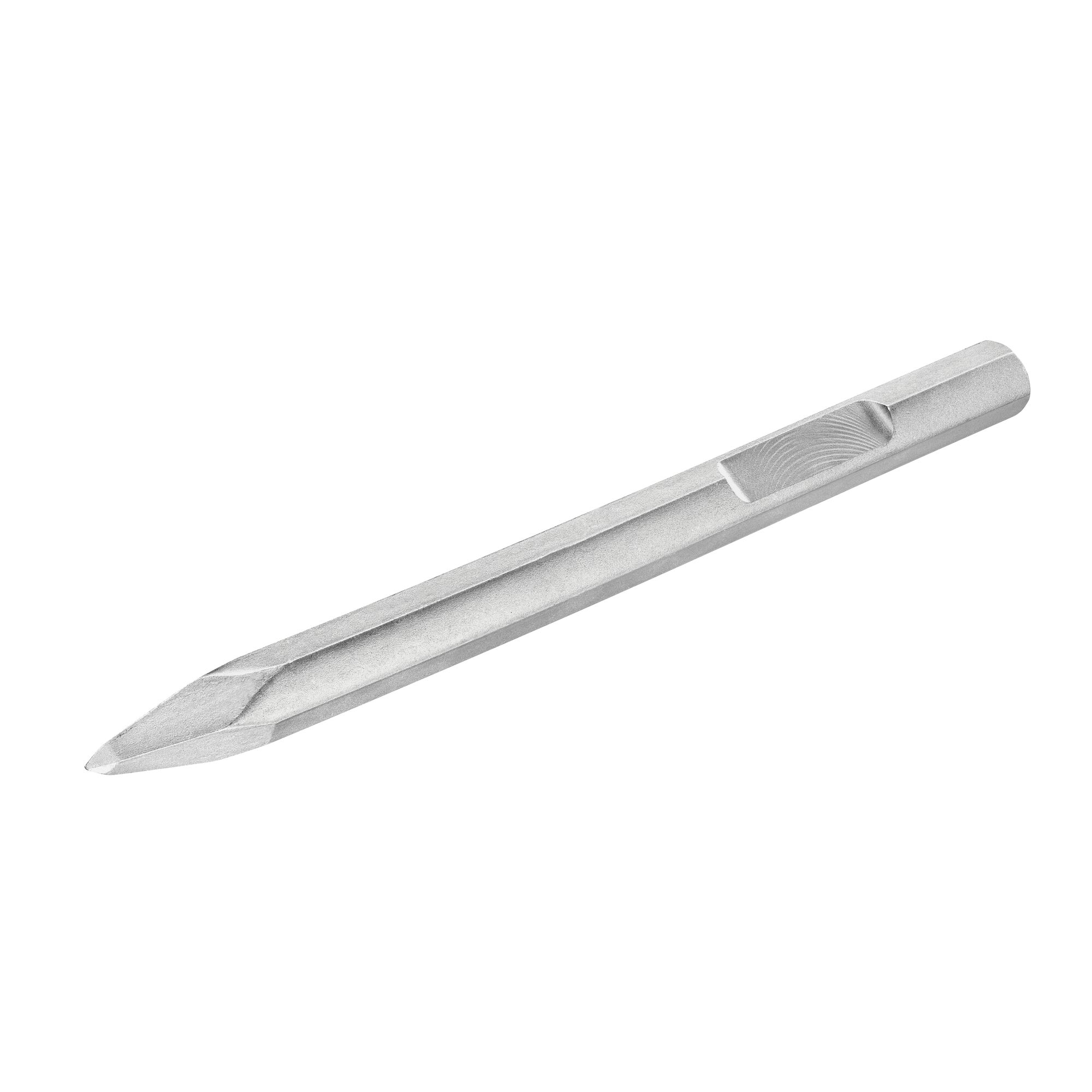 DEWALT pointed chisel bit for demolition work, silver color, isolated on a white background.