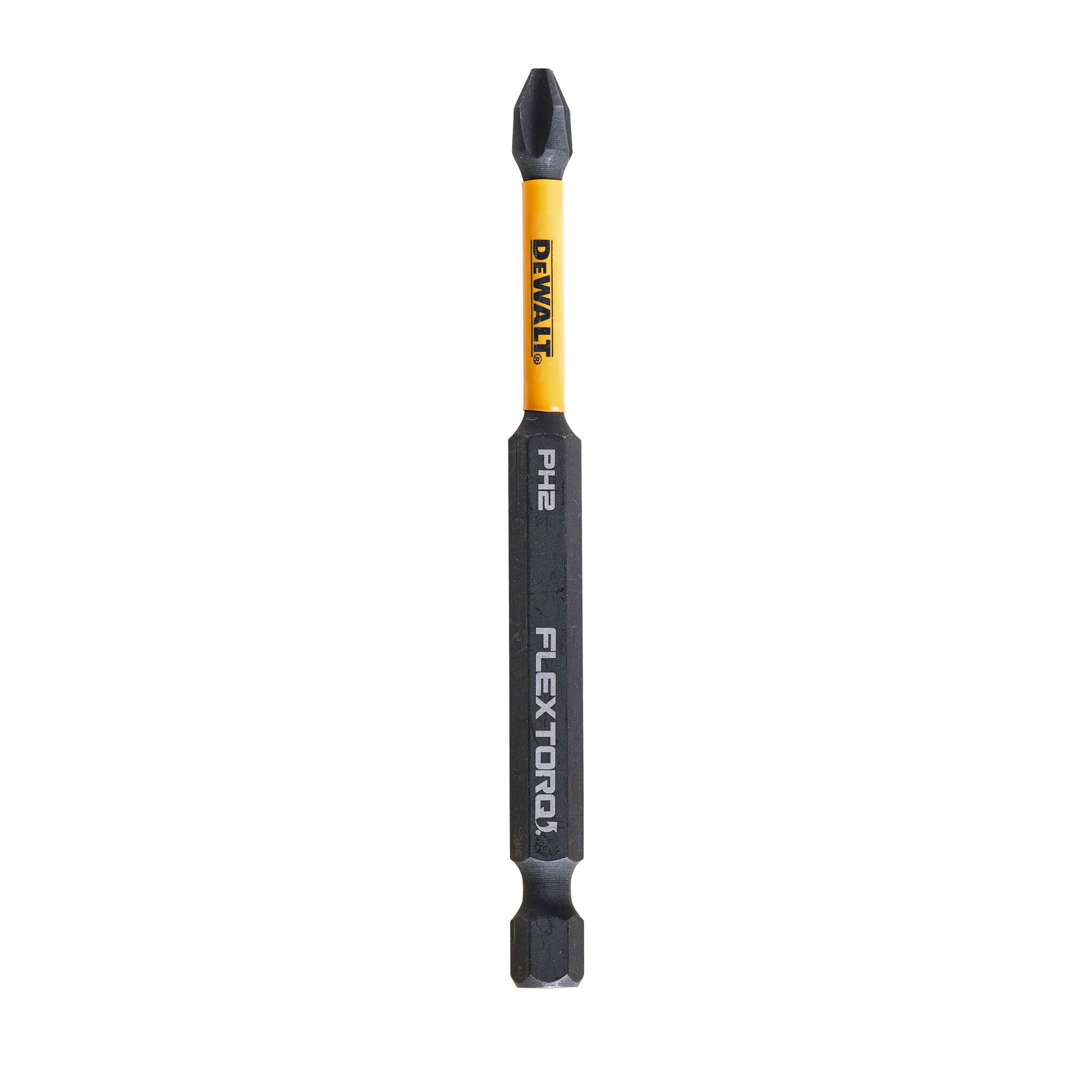 DEWALT FlexTorq PH2 screwdriver bit, black and yellow, designed for impact drivers.