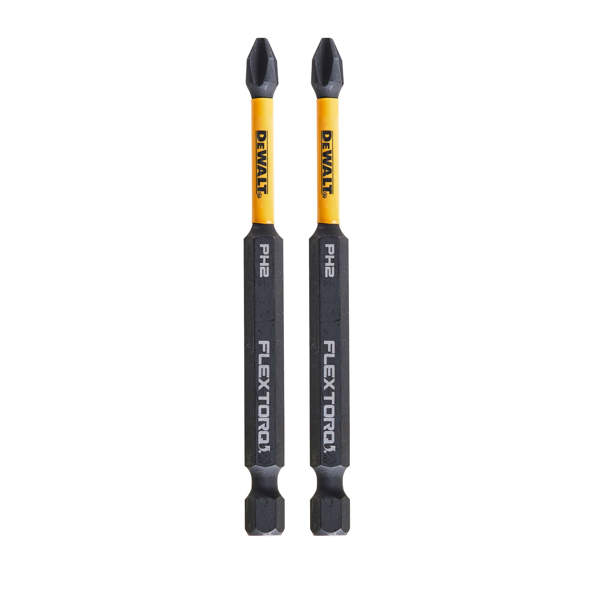 Two DEWALT PH2 FlexTorq screwdriver bits with yellow shafts and black tips, shown side by side.