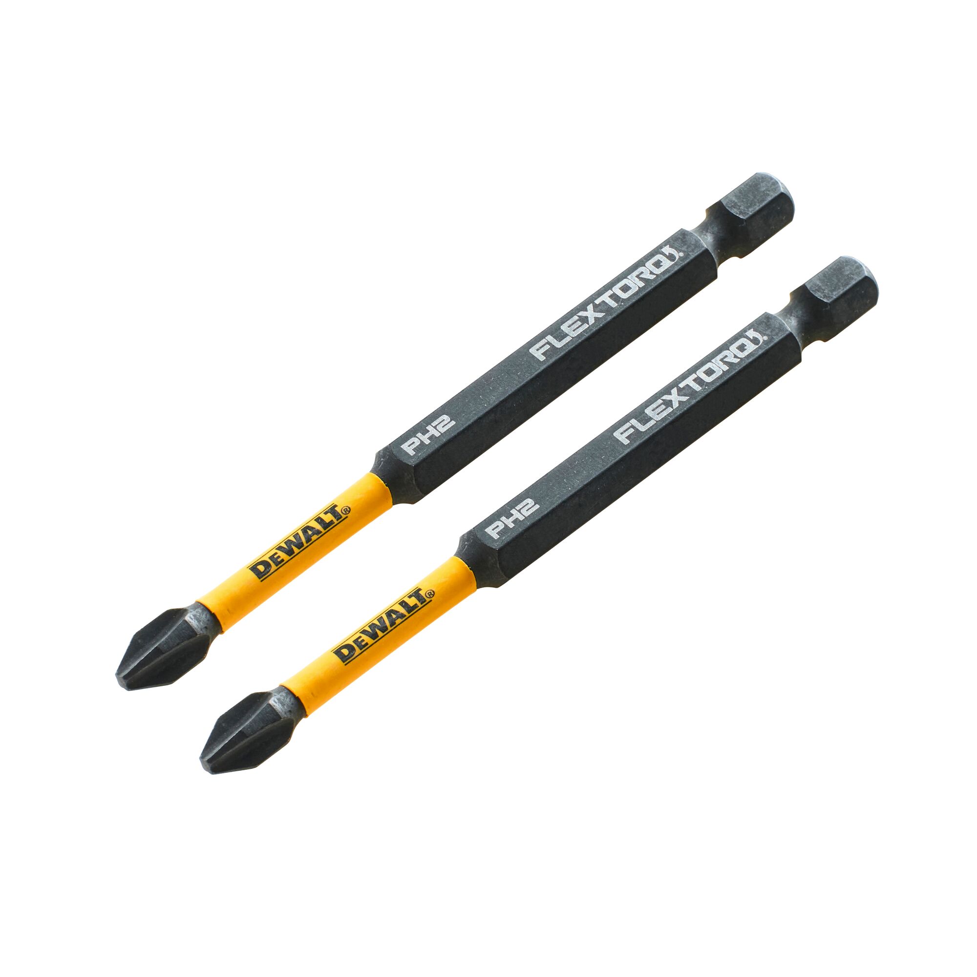 Two DEWALT PH2 FLEXTORQ screwdriver bits with yellow and black color, placed side by side on white background.