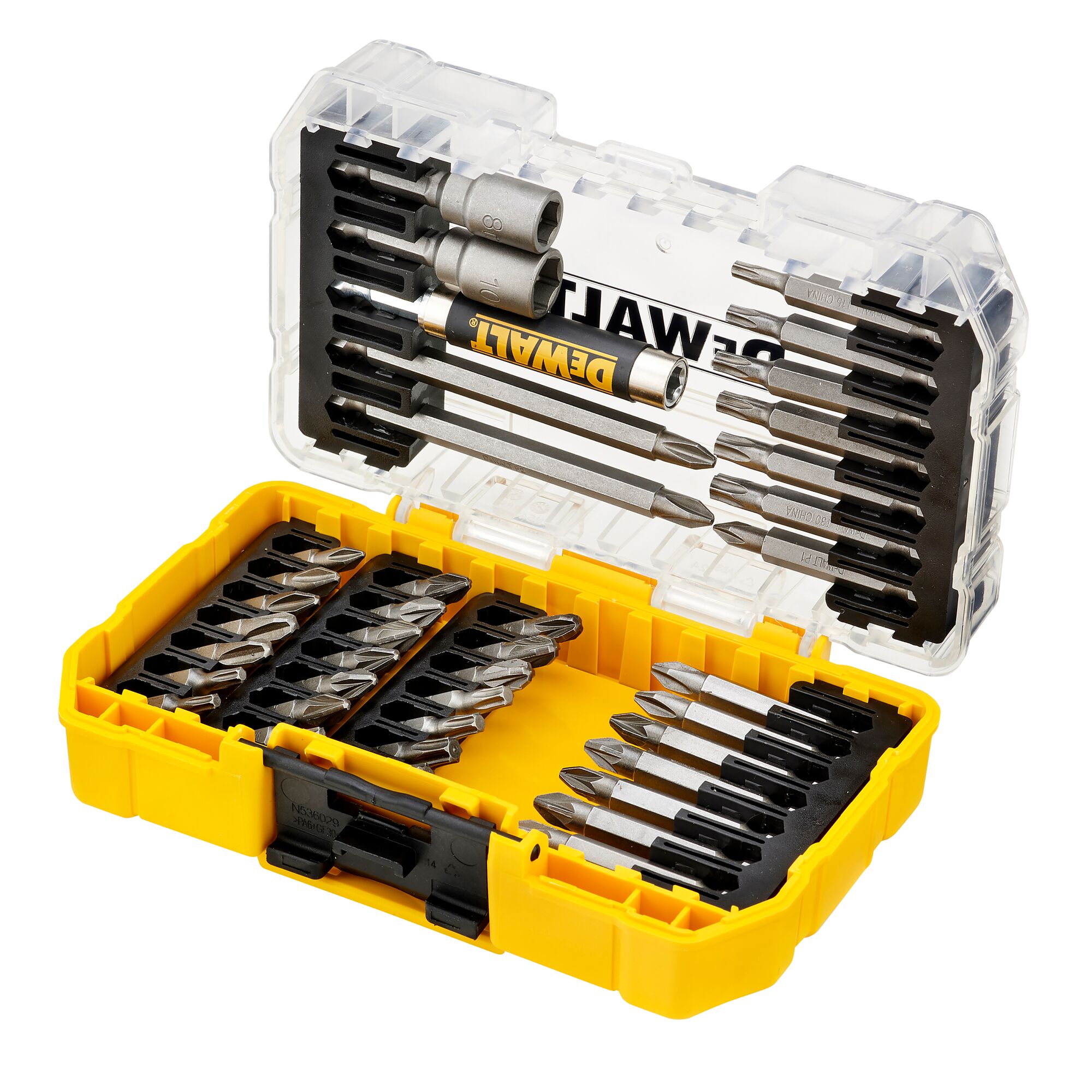 Yellow DEWALT bit set box open, showing assorted drill bits and screwdriver bits neatly organized inside.