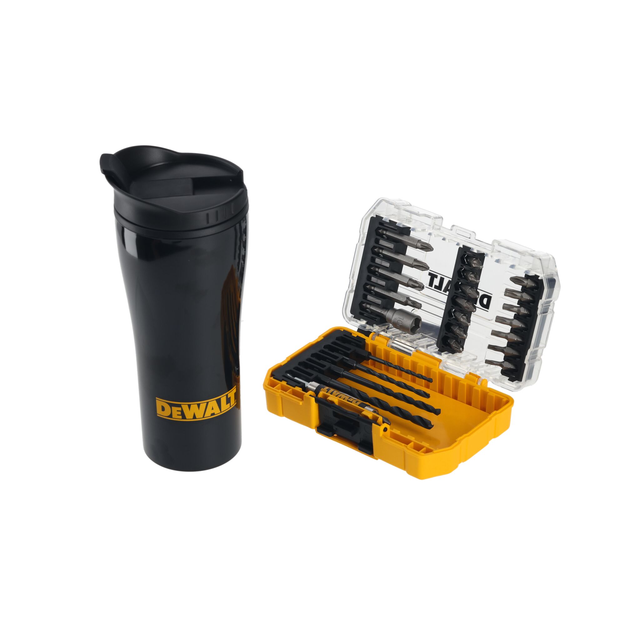 DEWALT travel mug and drill bit set with a yellow storage case, tools arranged inside case.