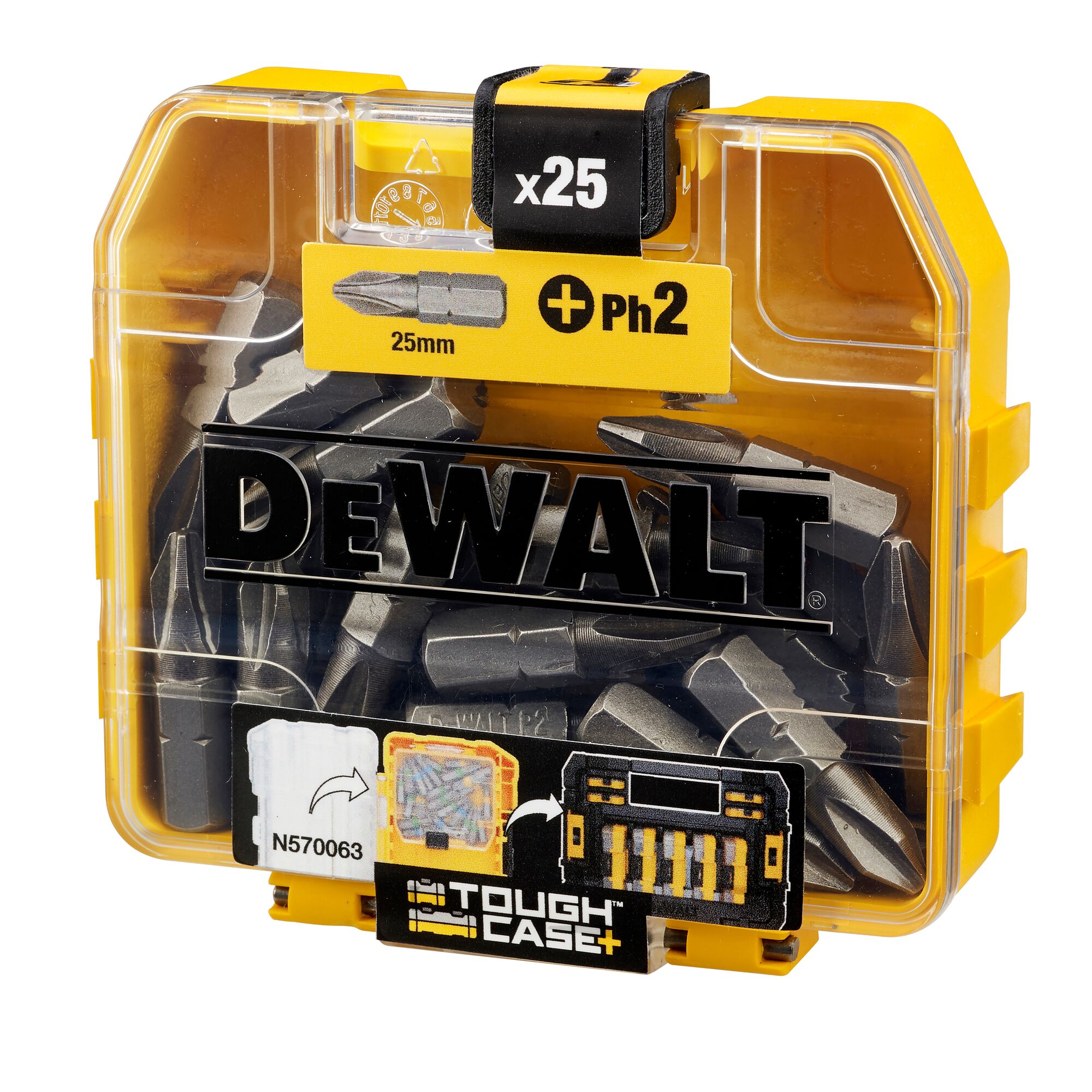 DEWALT 25-piece Tough Case with 25mm PH2 screwdriver bits, clear and yellow storage box.
