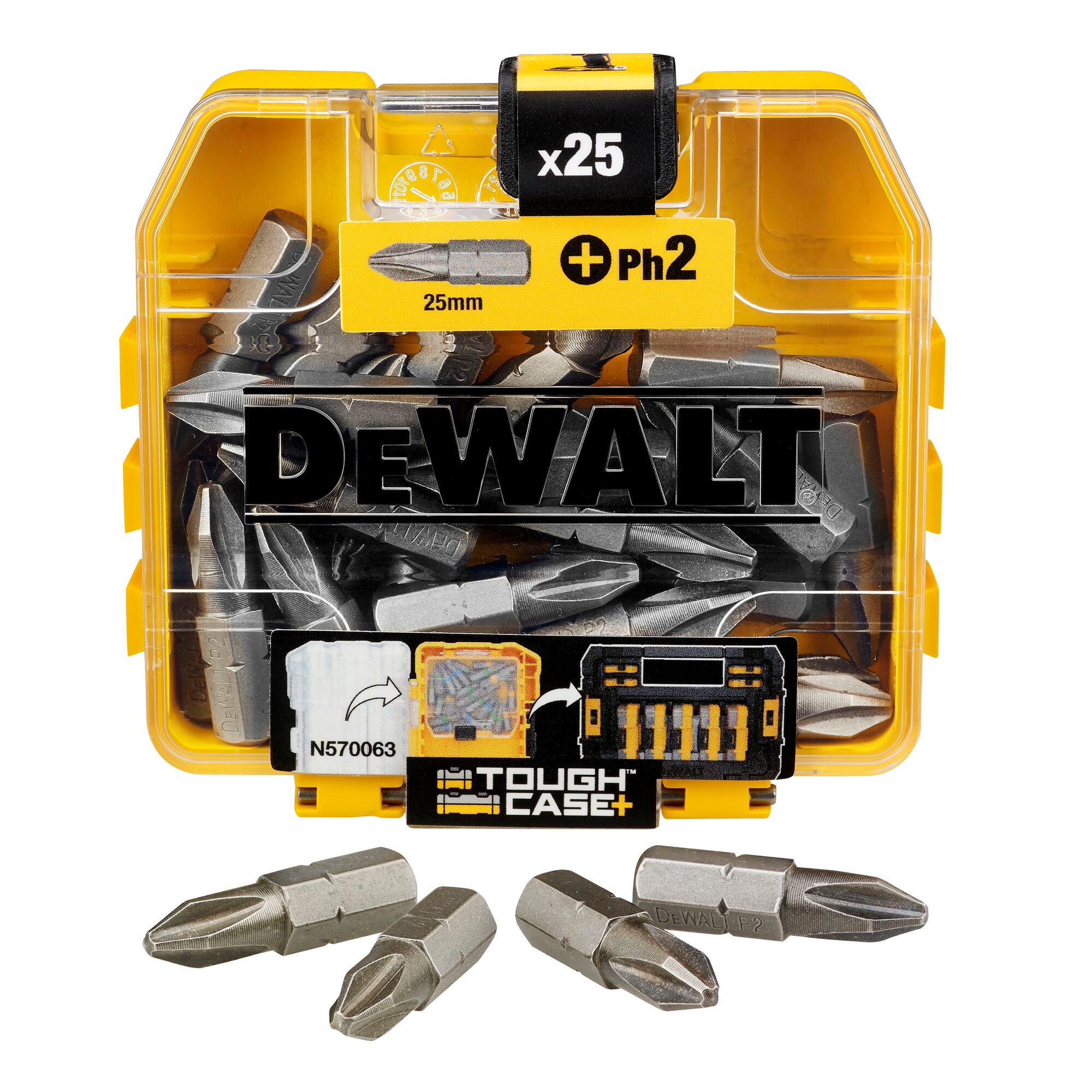 DEWALT ToughCase with 25 PH2 screwdriver bits, 25mm size. Case is yellow and clear plastic.