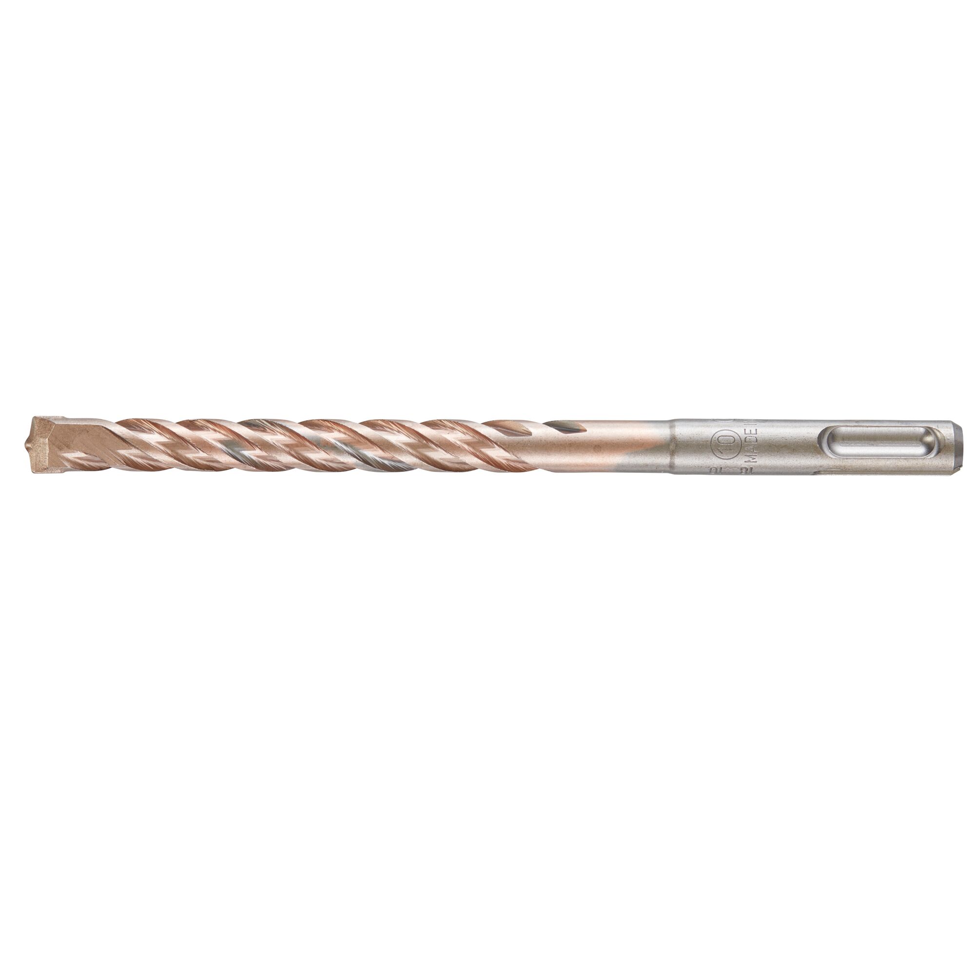 A DEWALT DT9540 SDS-Plus hammer drill bit, silver with a spiral flute design, used for drilling into masonry or concrete.