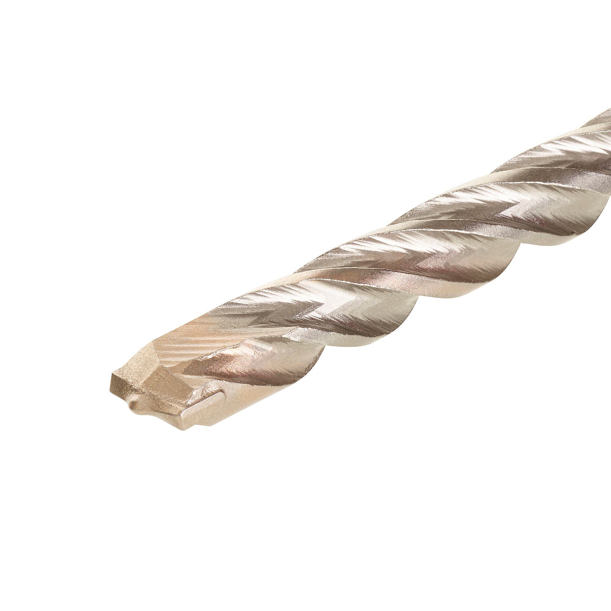 Close-up of a metallic masonry drill bit with a spiral flute design, photographed against a white background.