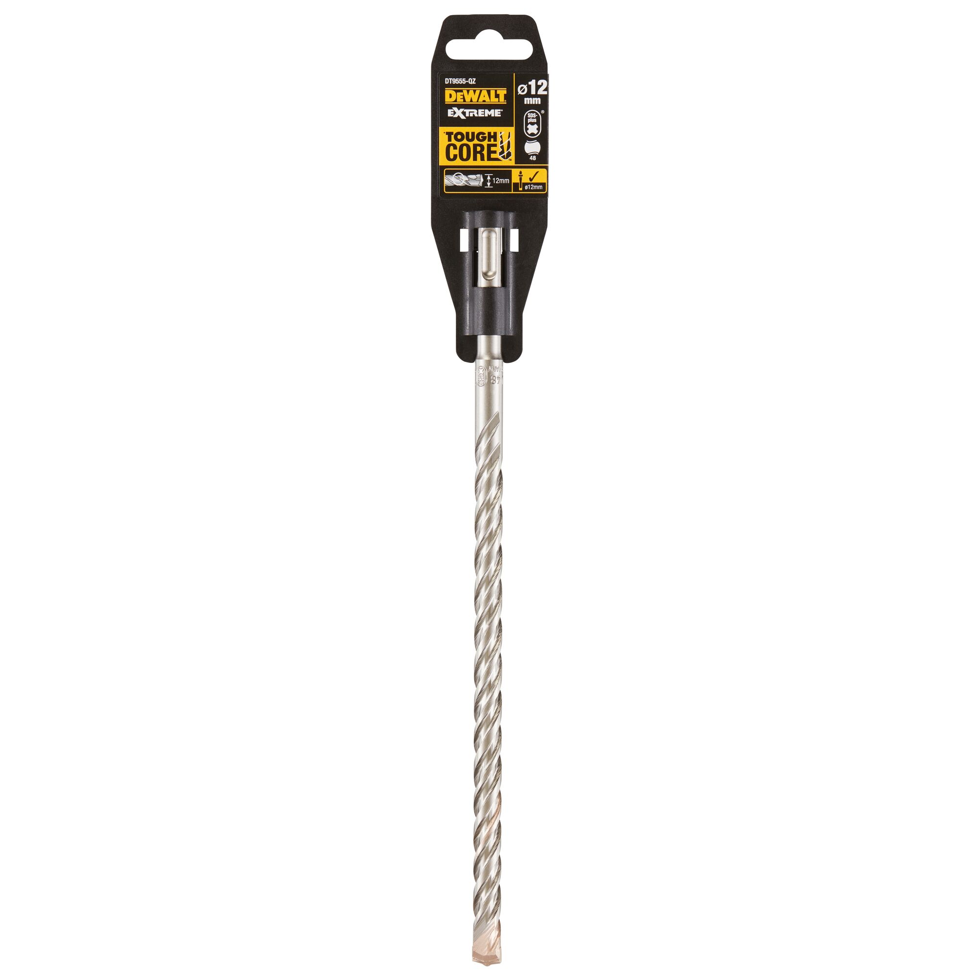DEWALT DT9555 Tough Core Extreme drill bit in its packaging, featuring a spiral design and labeled as 12mm diameter.