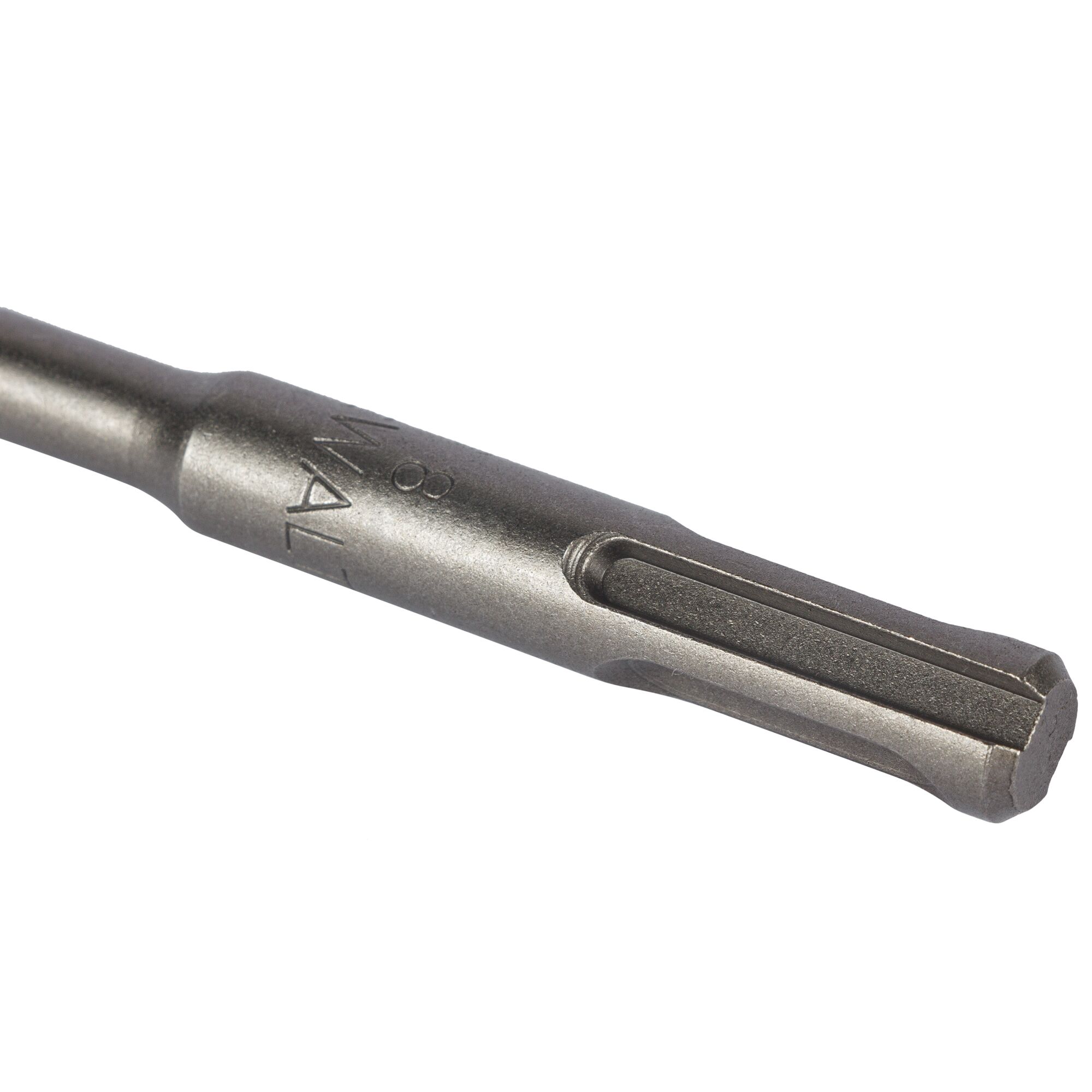 Close-up view of a DEWALT SDS drill bit with a metallic finish, showing detailed grooves and branding.