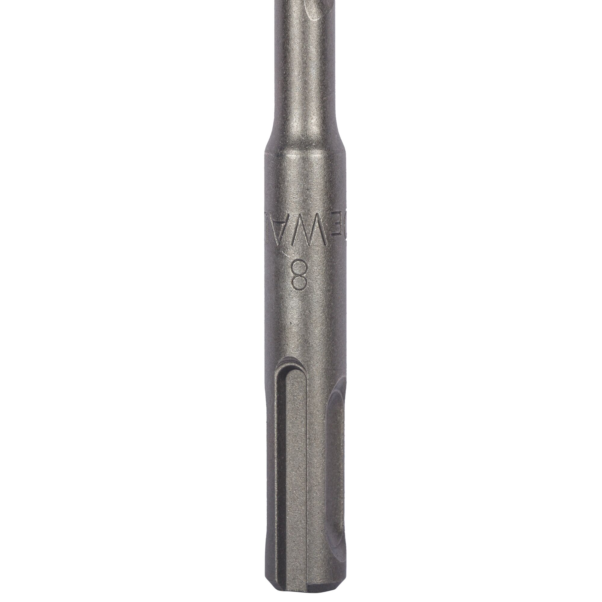 Close-up image of a DEWALT drill bit shank, displaying the metal finish and engraved markings including the number 8.