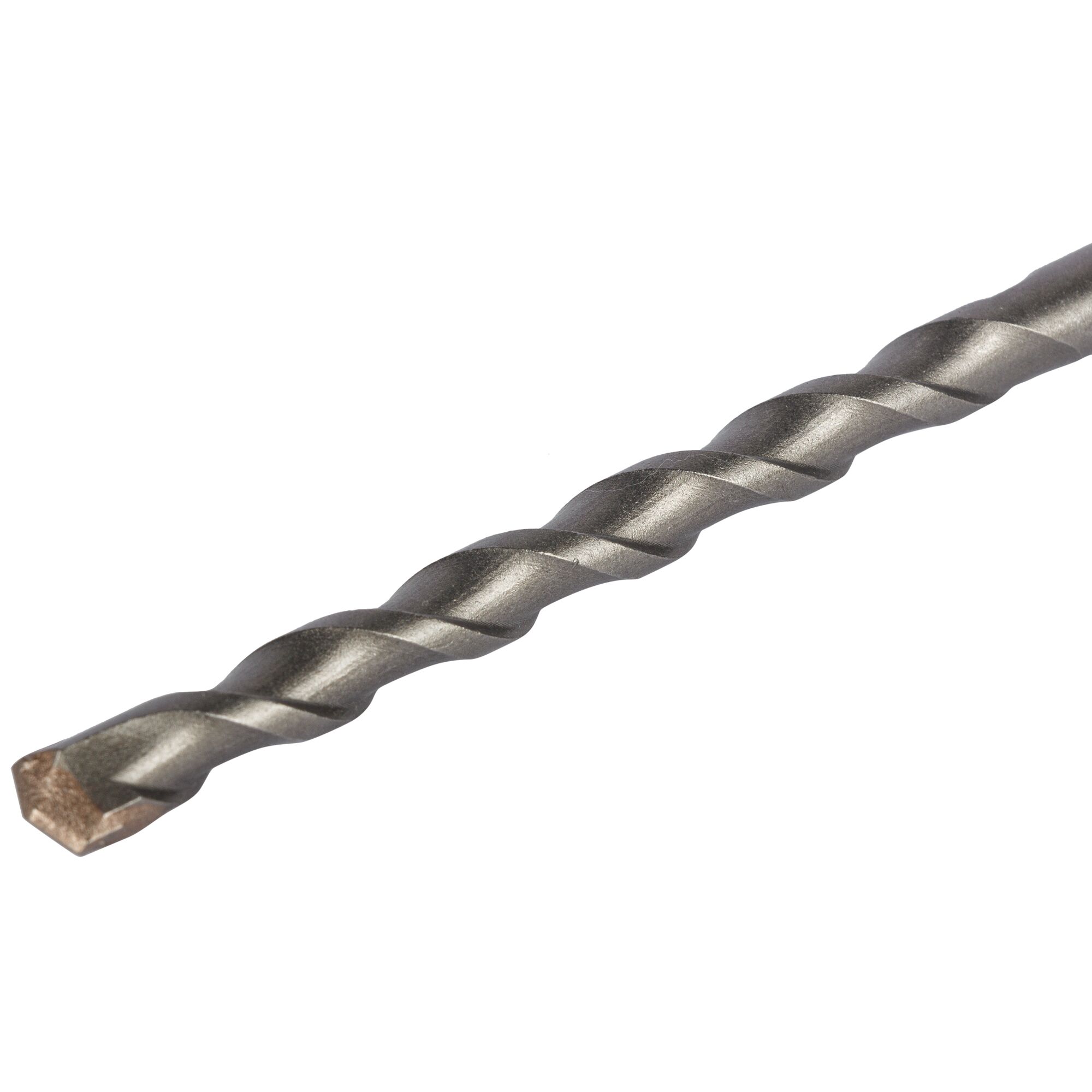 Close-up view of a metal masonry drill bit with a twisted design and a chisel-shaped tip, used for drilling into hard materials.
