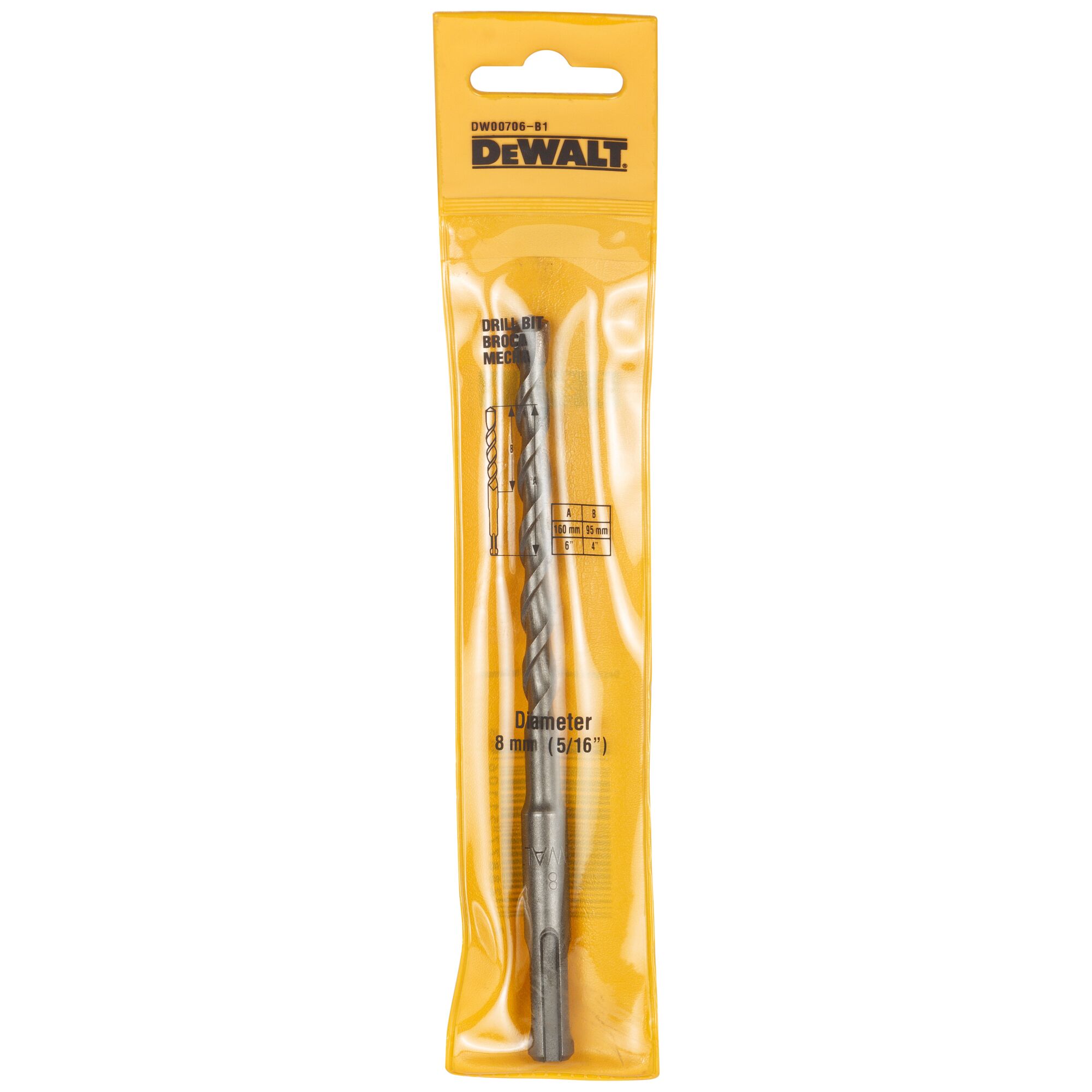 A DEWALT drill bit in its original yellow packaging. The package is labeled with the drill bit diameter of 8 mm (5/16 inch) and shows the DEWALT branding at the top.
