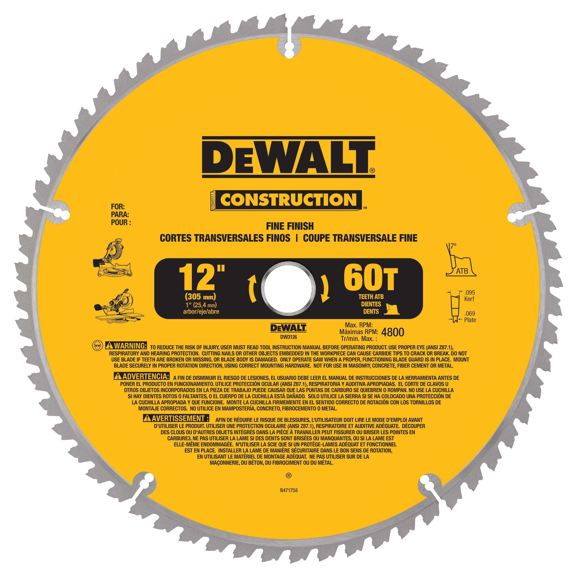 A DEWALT Construction 12-inch (305 mm) circular saw blade with 60 ATB teeth for fine finish cuts. The blade is yellow with black and white text, and it includes safety and usage warnings in several languages. It is designed for crosscutting wood and has a maximum RPM of 4800.
