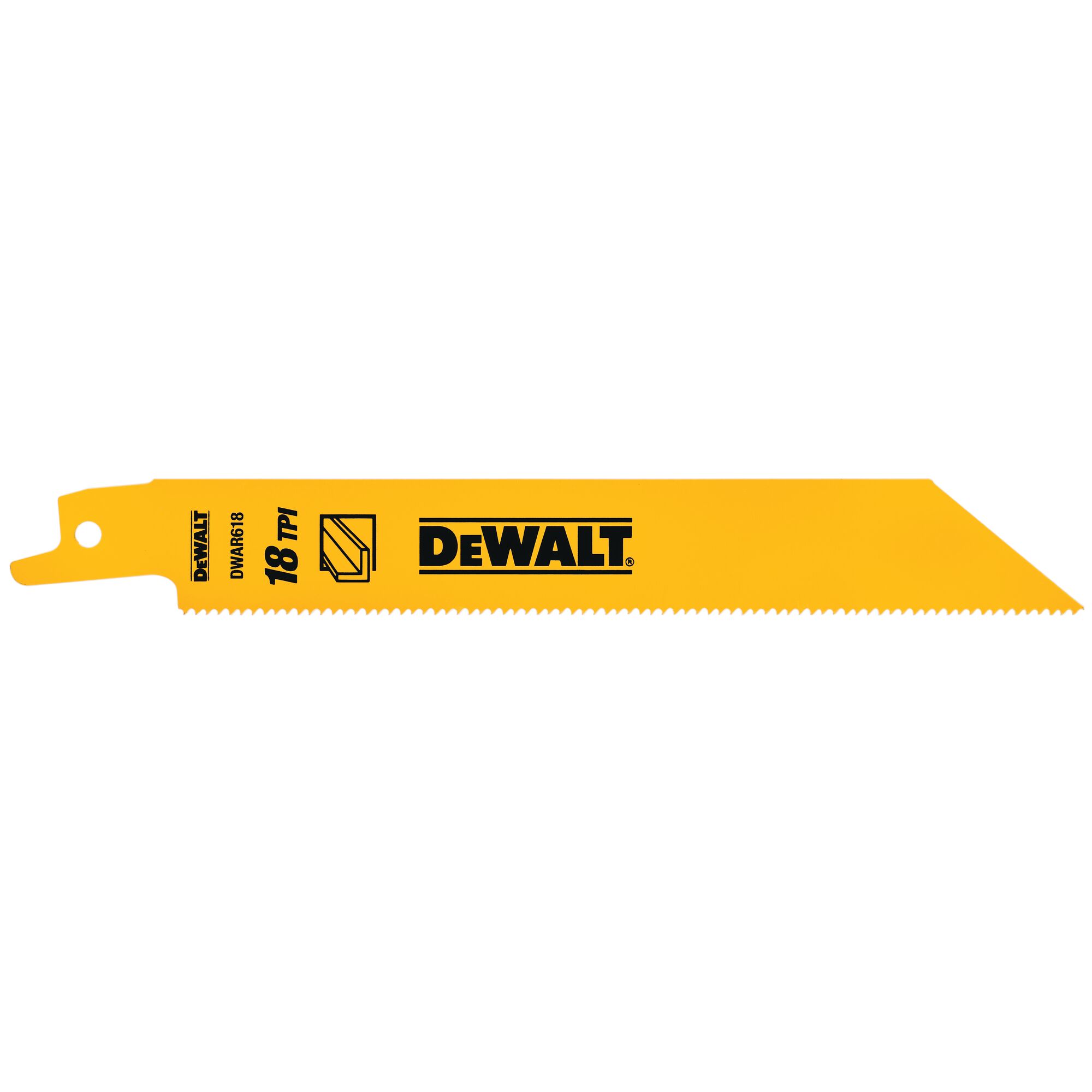 A yellow DEWALT reciprocating saw blade with 18 teeth per inch, model number DWAR618, shown against a white background.