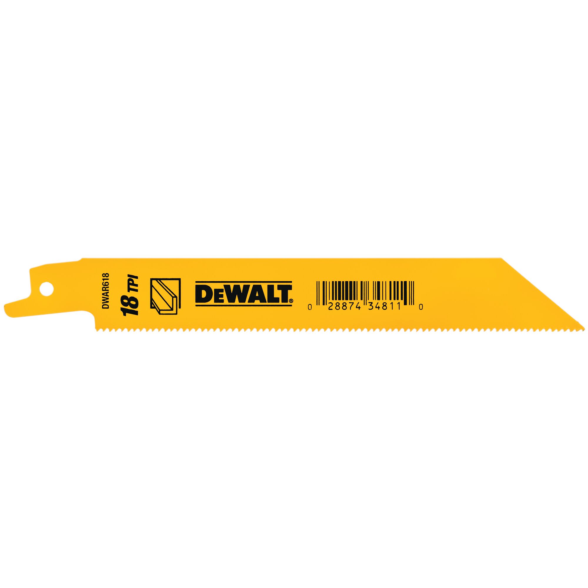A yellow DEWALT reciprocating saw blade with 18 teeth per inch (TPI), showing product branding and a barcode.