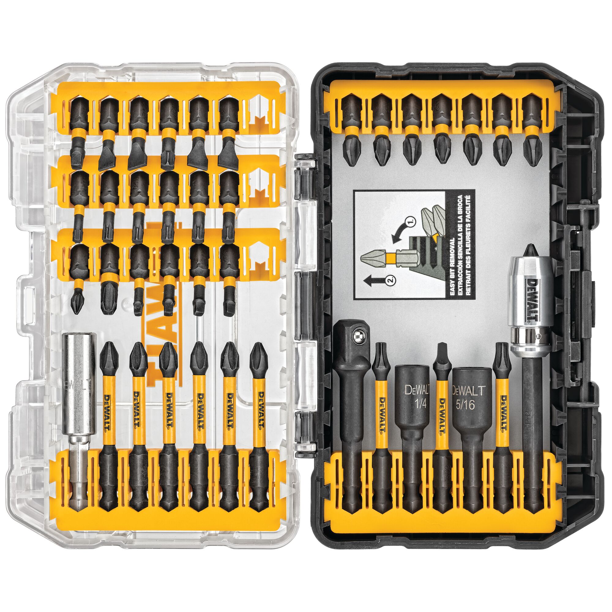 A DEWALT 40-piece screwdriver bit set in a compact, transparent and black plastic storage case. The case contains various screwdriver bits, adapters, and sockets organized in yellow holders. The DEWALT logo is visible on several bits and pieces.