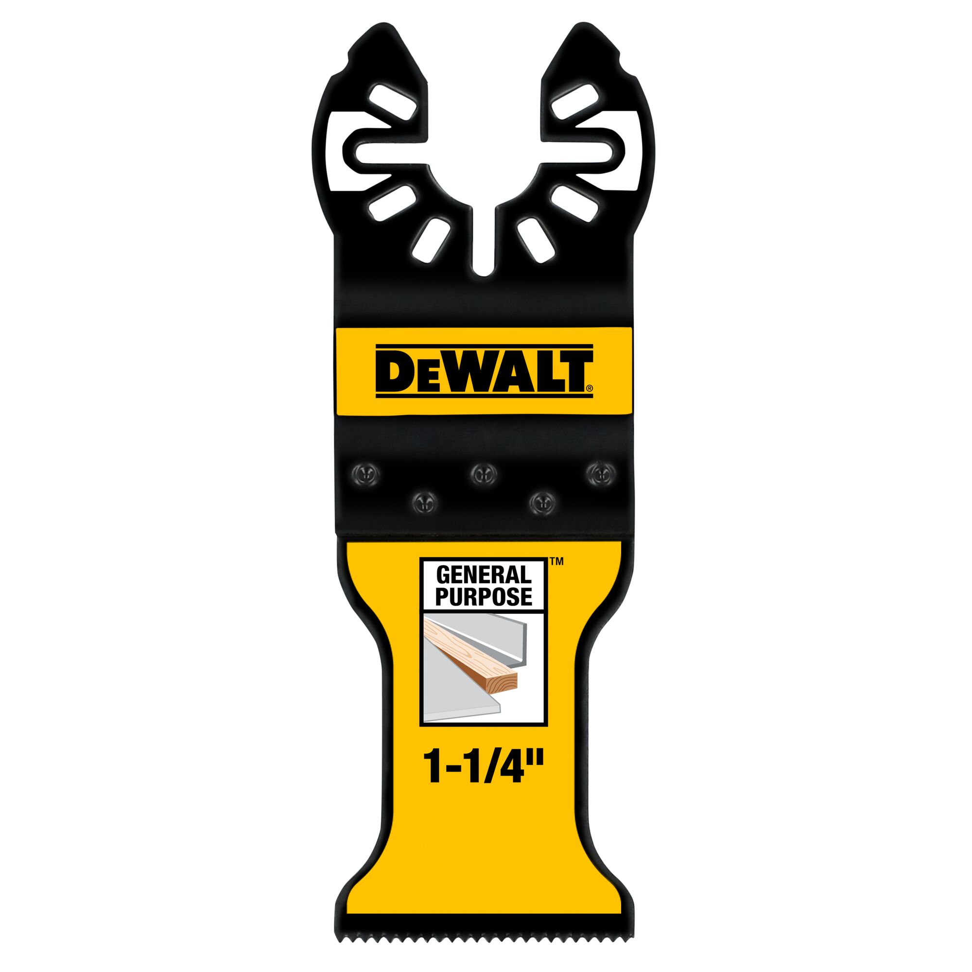 A DEWALT oscillating tool blade for general purpose use, measuring 1-1/4 inches. The blade is black and yellow, with DEWALT branding, and has a diagram indicating it is suitable for cutting wood and other materials.