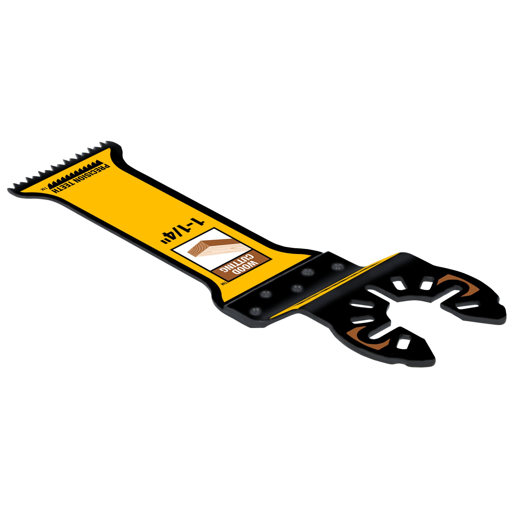 A DEWALT DWA4205 precision wood cutting oscillating tool blade with a yellow and black design, featuring a wood cutting label and a toothed cutting edge.