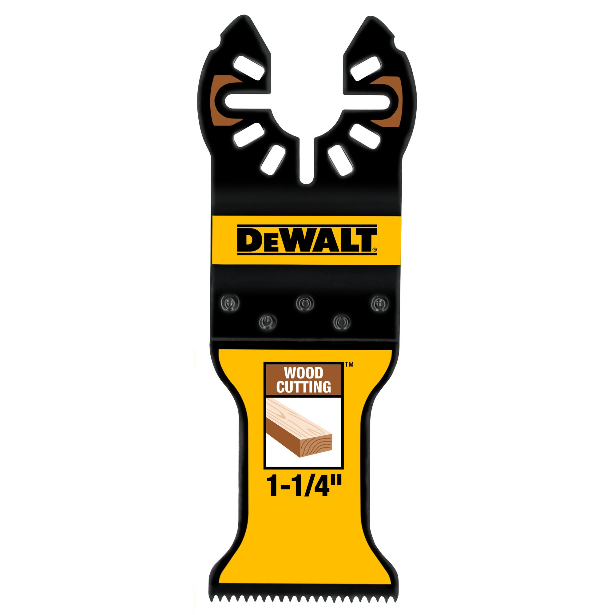 DEWALT branded wood cutting blade for power tools, model DWA4206, with yellow and black design. The blade is labeled for 1-1/4 inch wood cutting.
