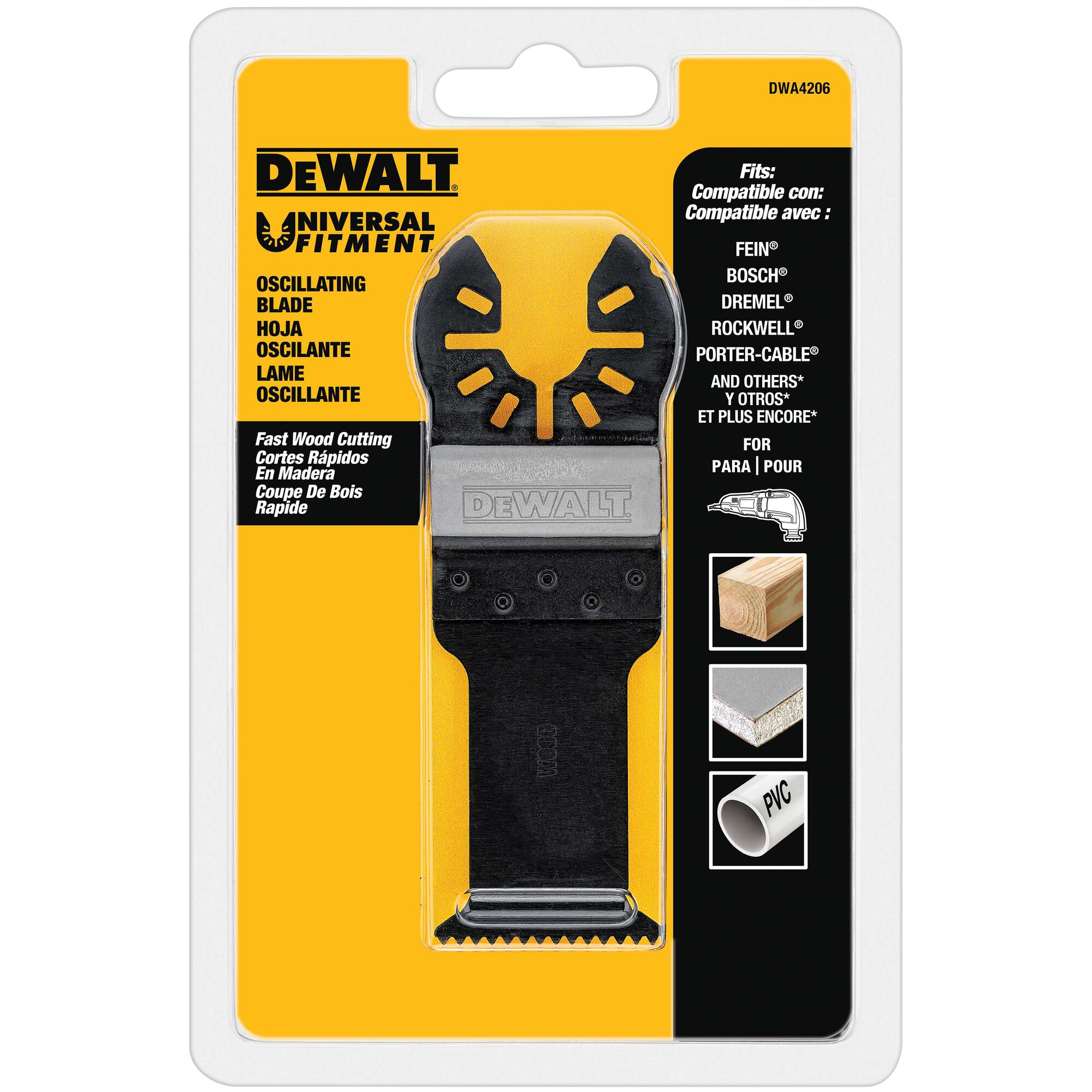 Dewalt Universal Fitment oscillating blade (SKU: DWA4206) in retail packaging. The product is designed for fast wood cutting and is compatible with multiple tool brands. The packaging highlights usage for wood, drywall, and PVC.