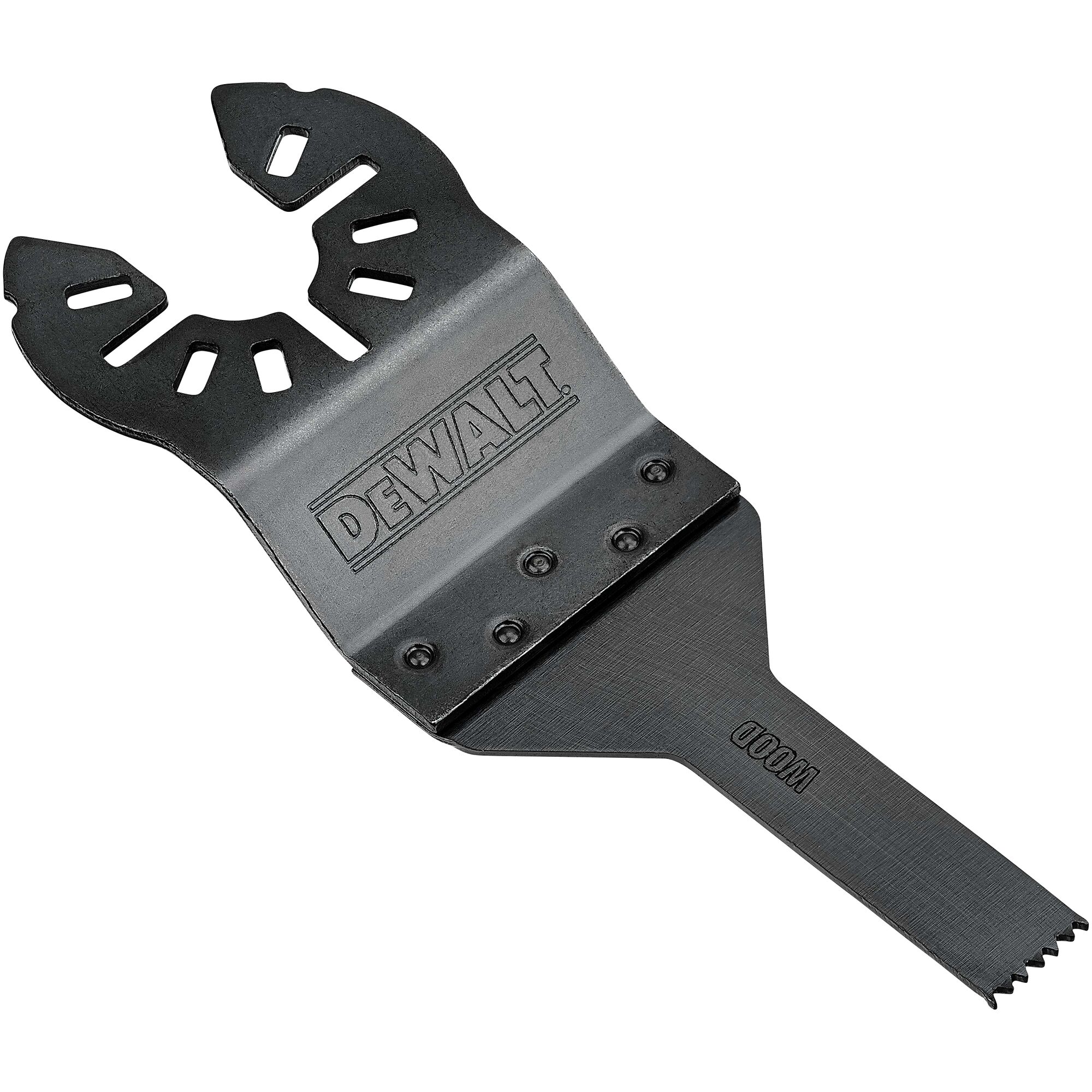 A DEWALT branded oscillating multi-tool wood blade attachment with a black metal design and pointed teeth.
