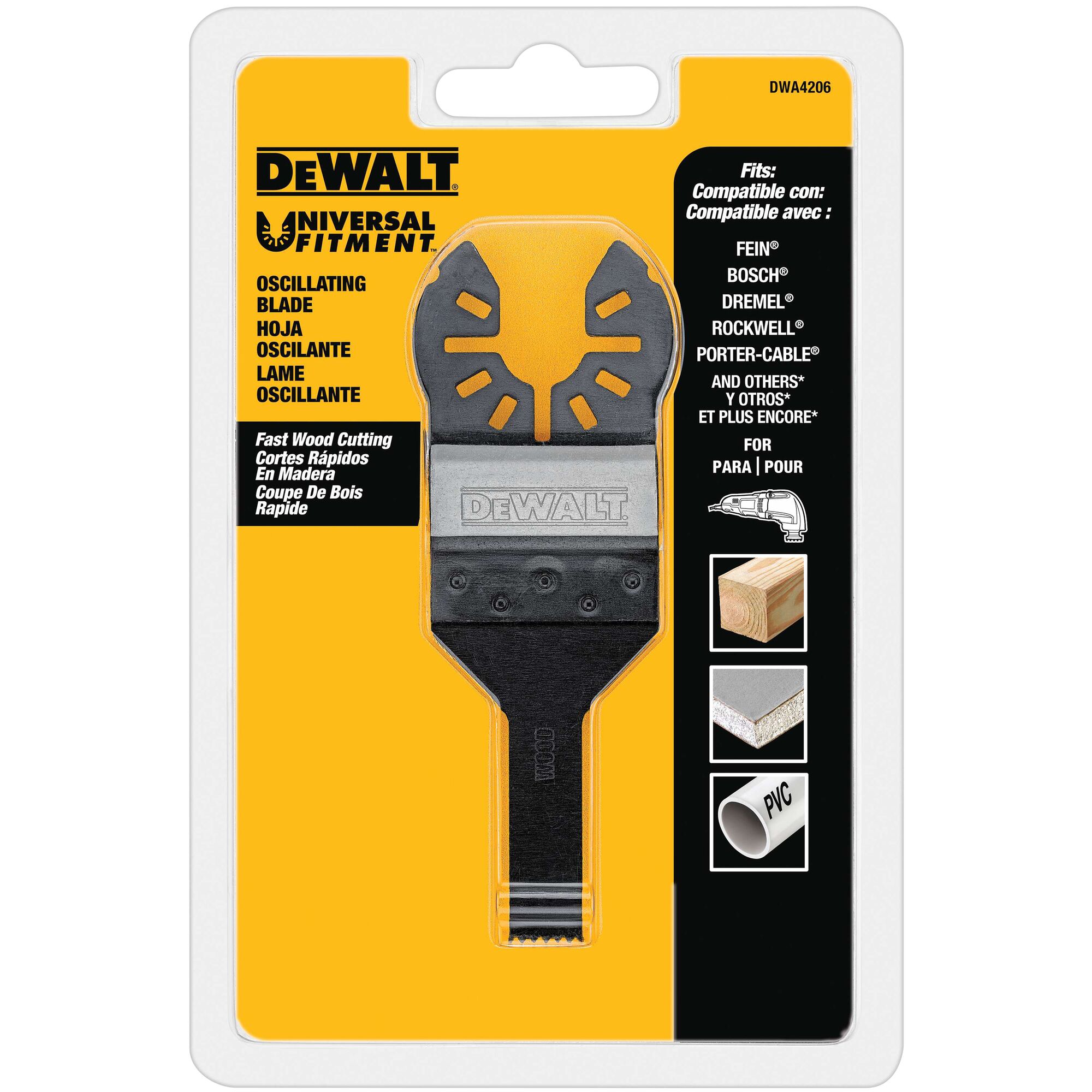 Packaged DEWALT universal fitment oscillating blade for fast wood cutting, compatible with several brands. Blade shown in clear plastic blister packaging with yellow and black branding, and images indicating use on wood, drywall, and PVC.