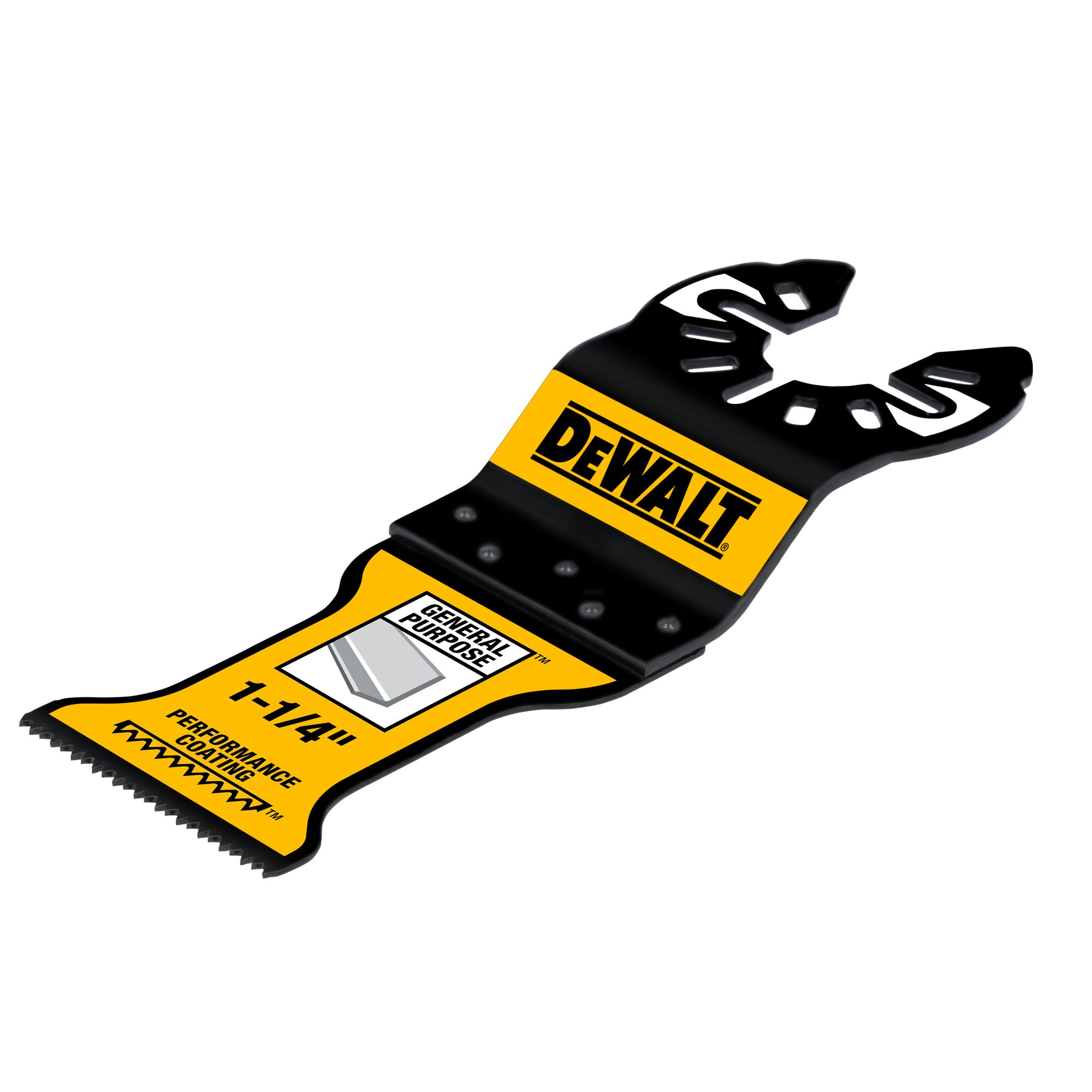 A DEWALT branded oscillating multi-tool blade, yellow and black in color, labeled as 'General Purpose' and '1-1/4 inch Performance Coating'. The blade features a jagged cutting edge and a universal fit connector.