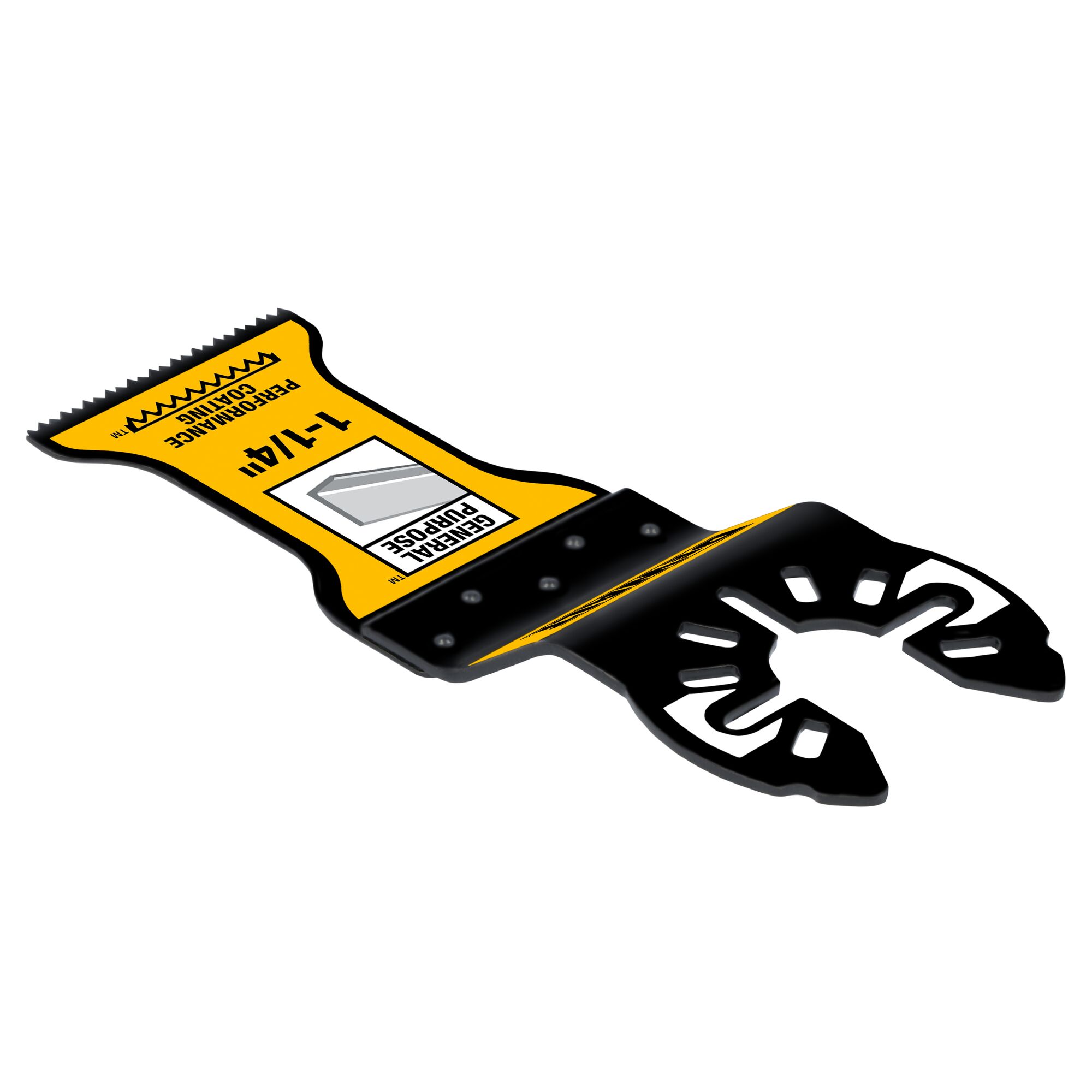 A DEWALT DWA4209 yellow and black oscillating tool blade, labeled '1-1/4 in' and 'General Purpose', designed for cutting various materials.