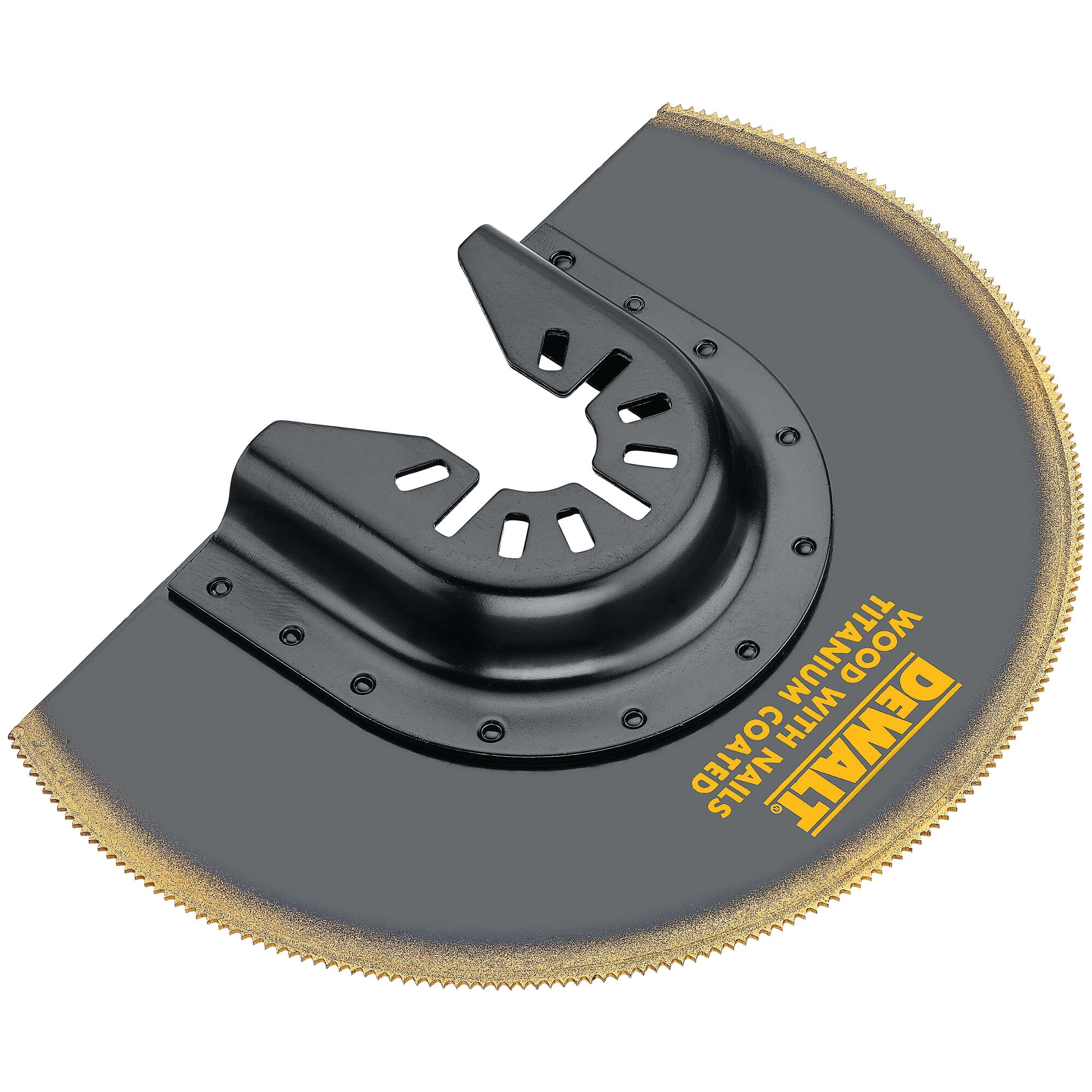 A DEWALT DWA4213 titanium-coated wood and nails half-moon oscillating saw blade, designed for cutting wood and metal, with a black and gold finish.