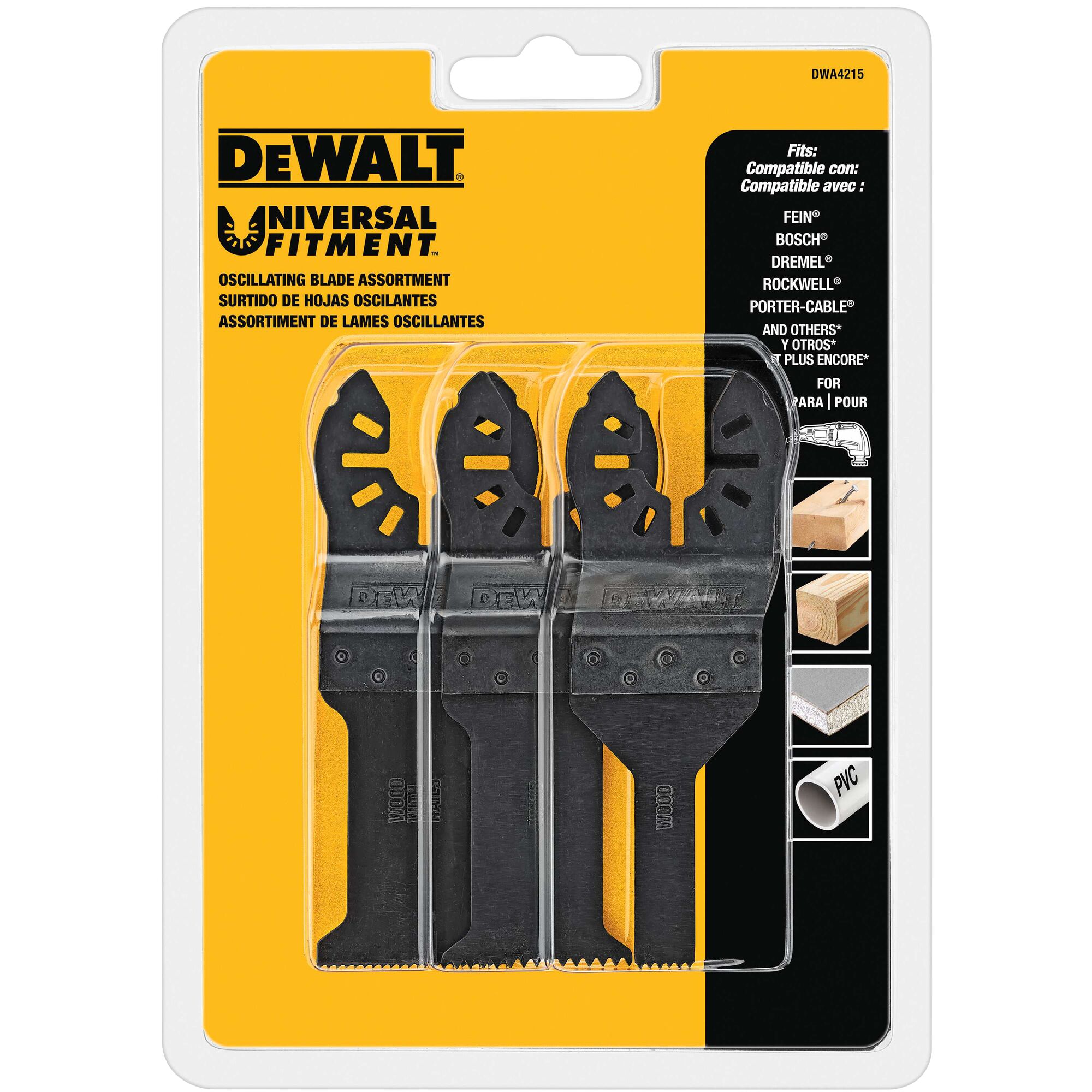 Pack of three DEWALT oscillating blades with universal fitment, compatible with multiple tool brands, suitable for cutting wood, drywall, and PVC. The blades are visible in clear packaging against a yellow and black background.
