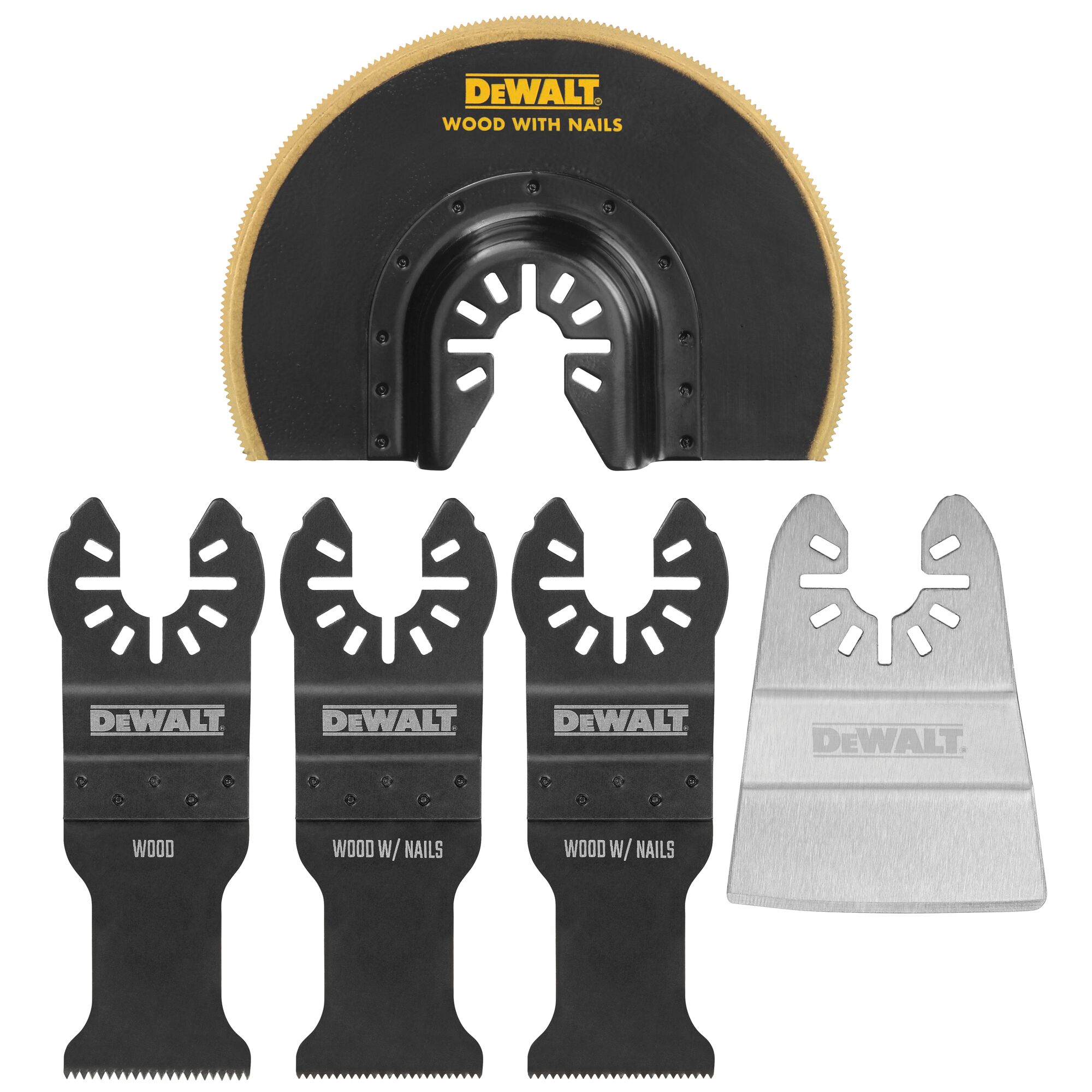 A set of DEWALT oscillating tool blades including one circular blade labeled 'Wood with Nails', three straight blades labeled for wood and wood with nails, and one wide scraper blade, displayed against a white background.
