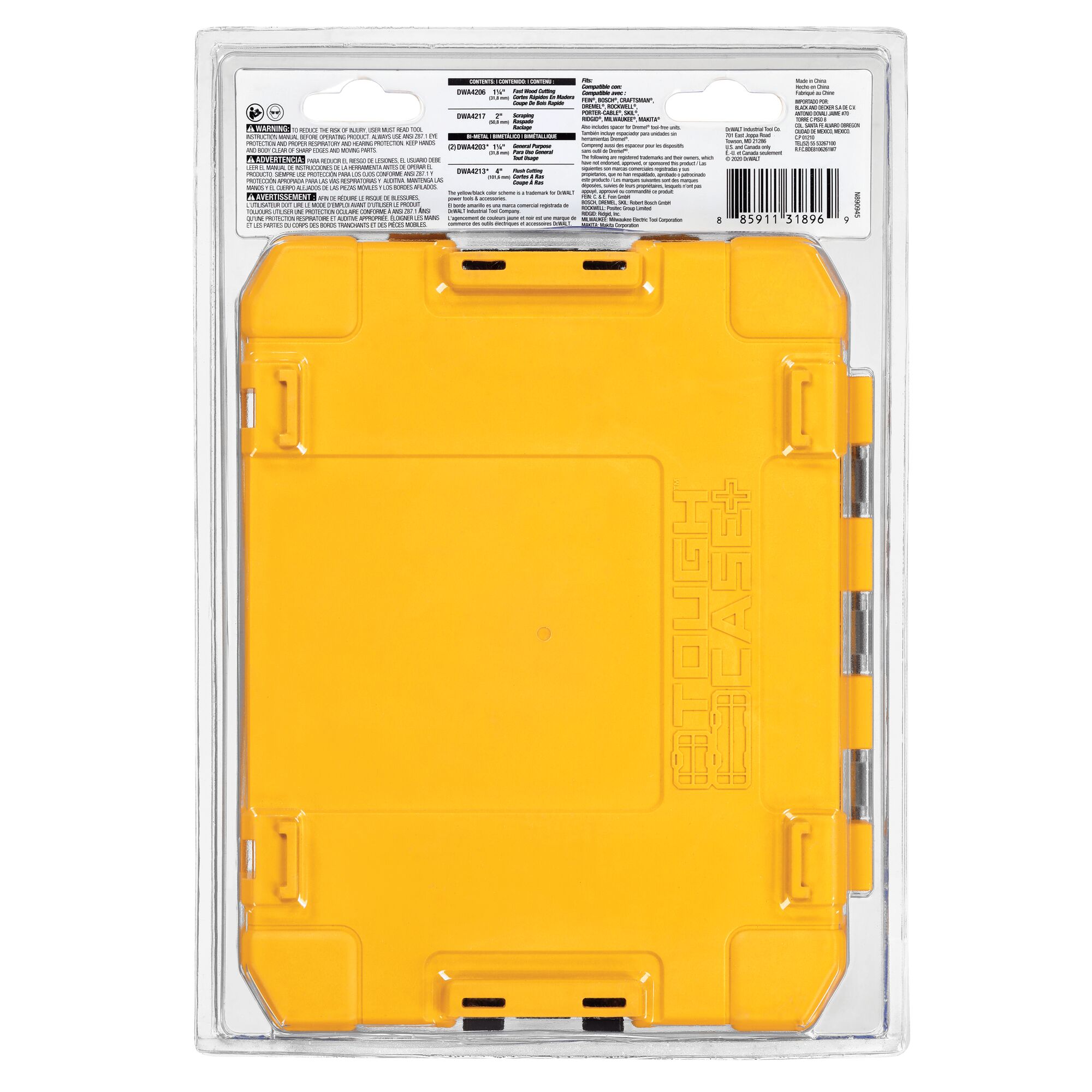 Back view of a DEWALT DWA4216 product in its packaging, showing a yellow plastic case labeled 'Tough Case+' and a section with product information at the top.
