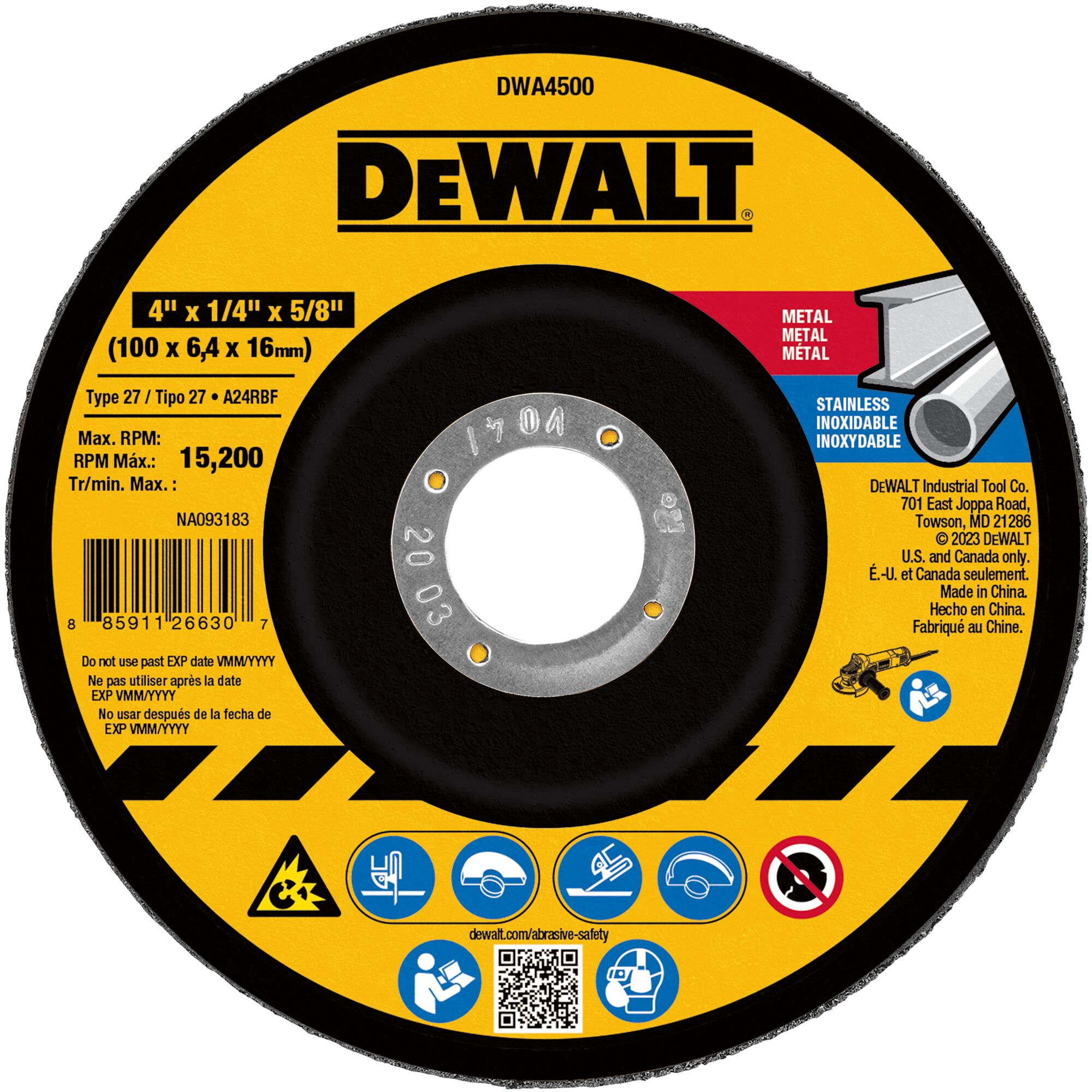 A DEWALT branded abrasive grinding wheel for metal and stainless steel, with product number DWA4500. The wheel is black with a yellow and red label, showing specifications: 4 inches x 1/4 inch x 5/8 inch (100 x 6.4 x 16 mm), maximum RPM 15,200. The packaging includes safety and usage icons, barcodes, and instructions in English, French, and Spanish.