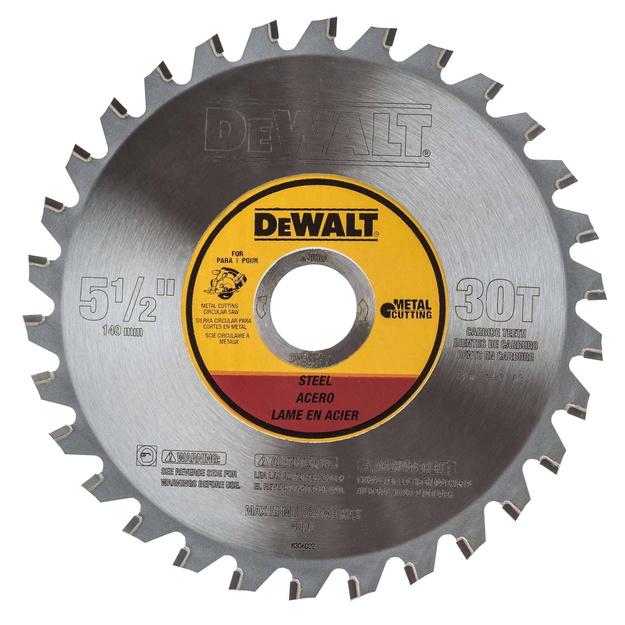 DEWALT DWA7770 steel circular saw blade with carbide teeth for metal cutting, 5-1/2 inch diameter, 30 teeth, suitable for cutting steel.