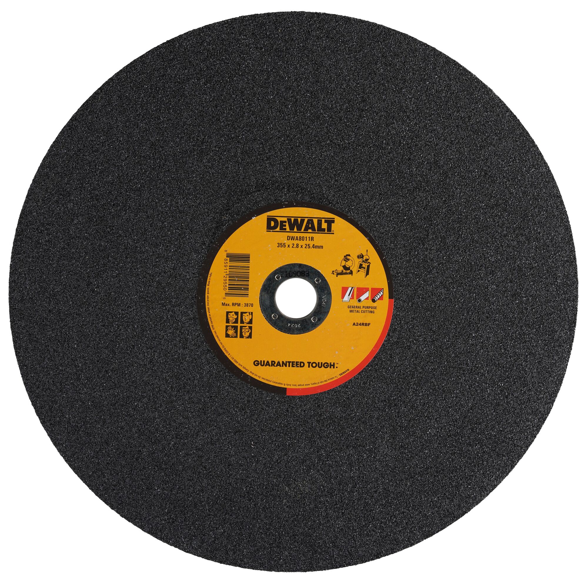 A DEWALT branded metal cutting abrasive wheel with a yellow center label, model DWA8011R, designed for general purpose metal cutting.