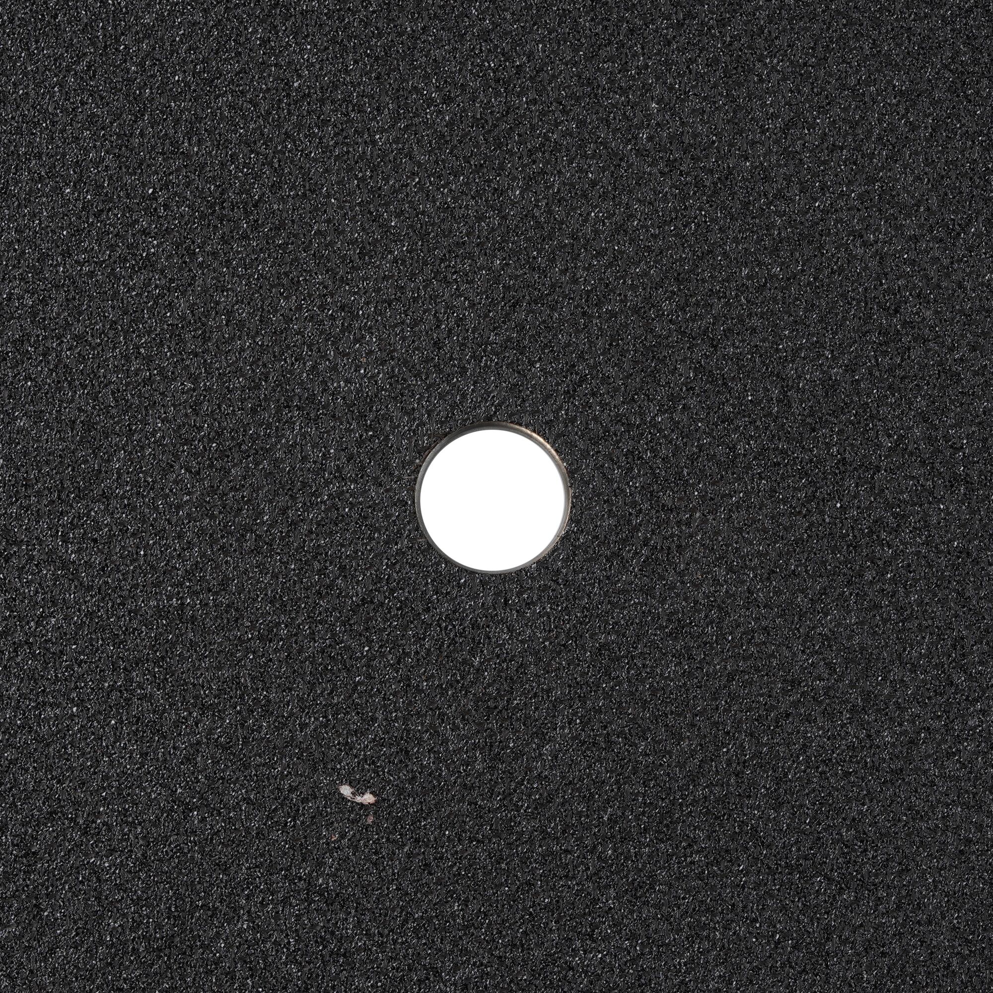 Close-up view of a DEWALT black abrasive sanding disc with a centered round hole.