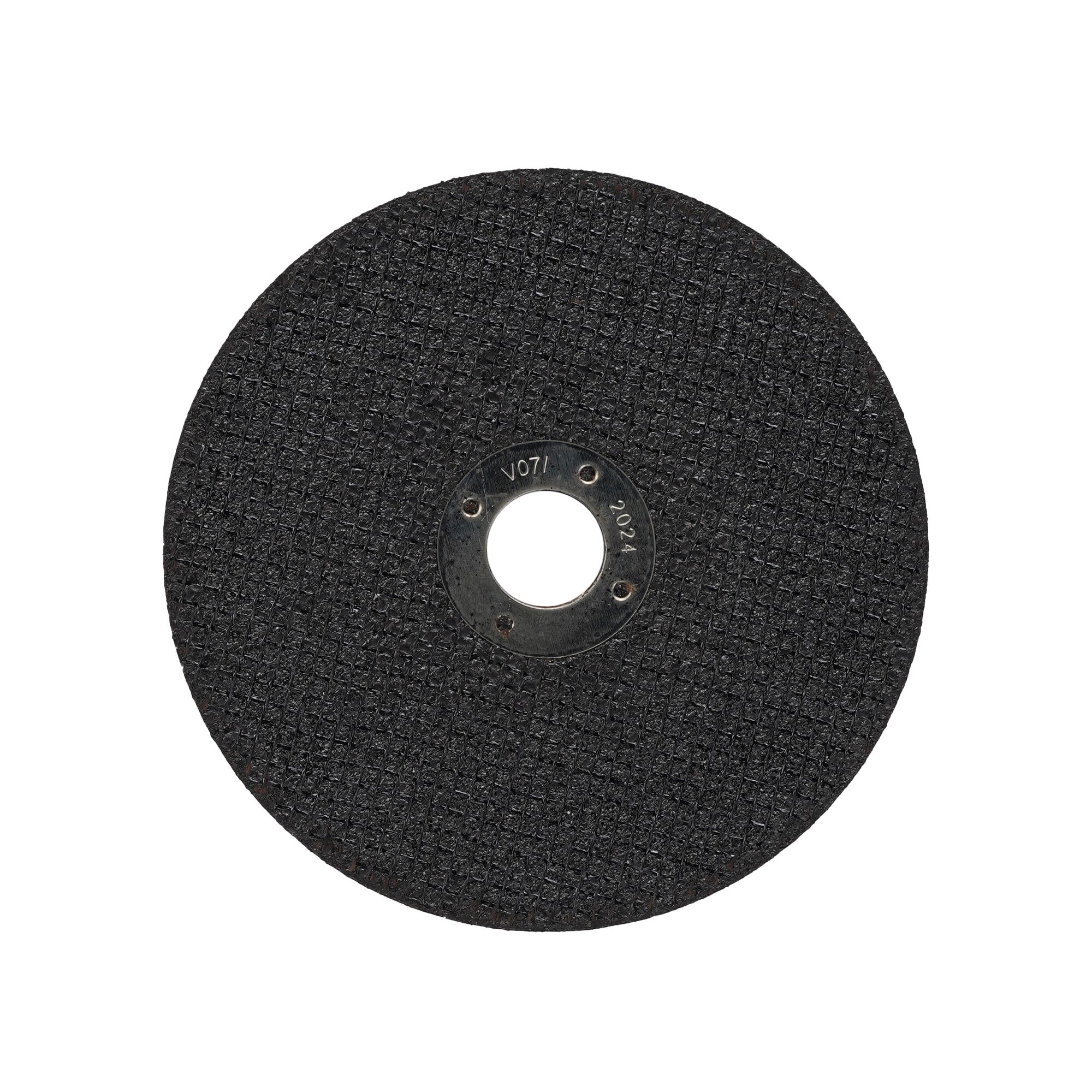 A black abrasive cut-off wheel with a textured surface and a central mounting hole, photographed on a white background.