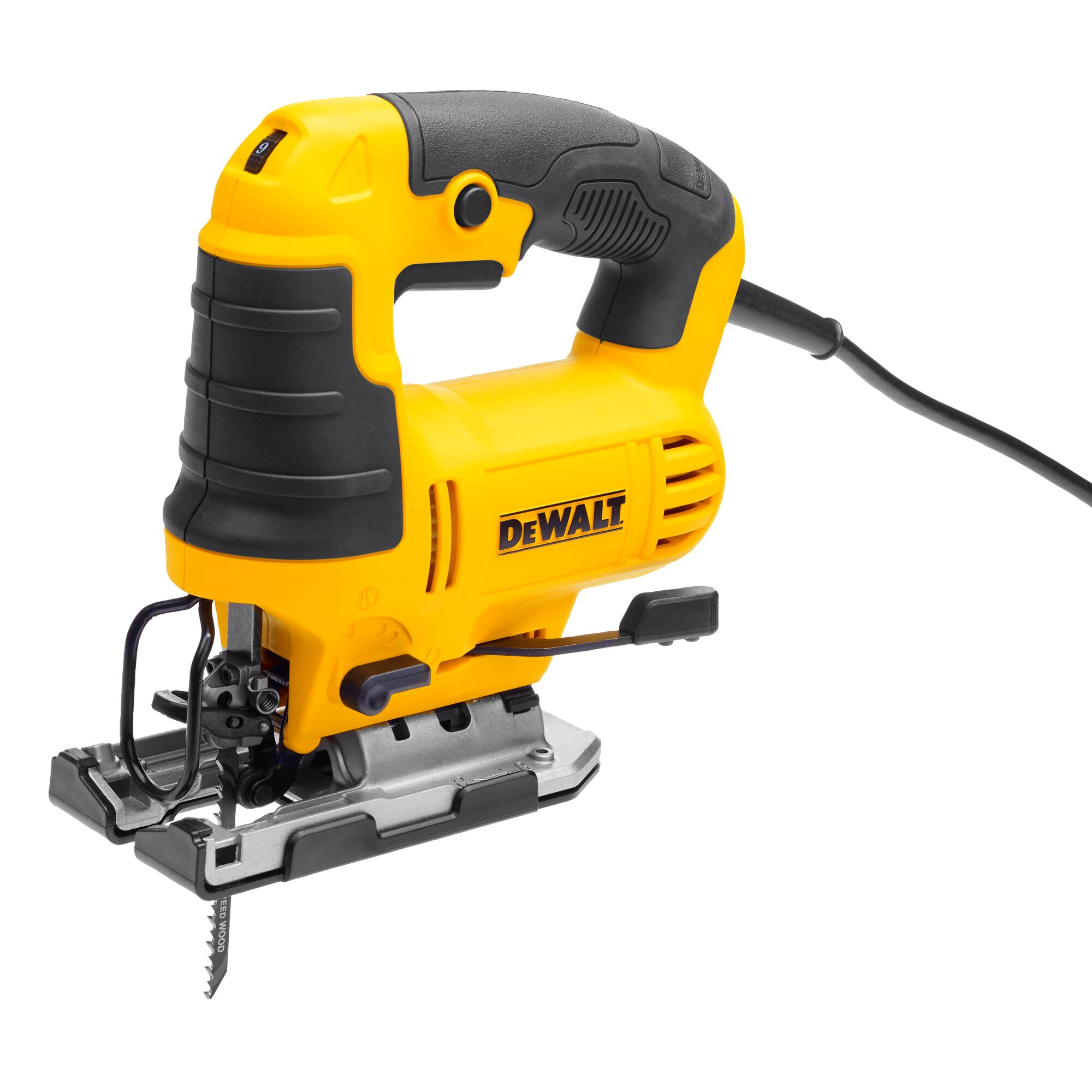 A yellow and black DEWALT electric jigsaw with a cord, designed for cutting wood and other materials.