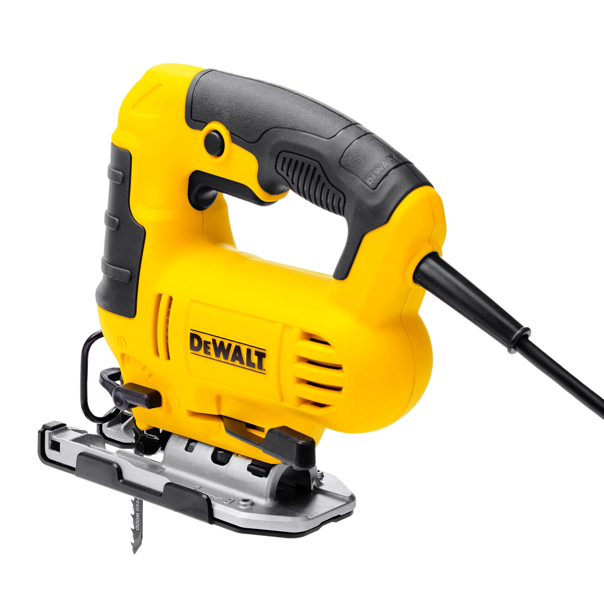 A yellow and black corded jigsaw power tool with the DEWALT logo, designed for precise cutting in woodworking and construction.