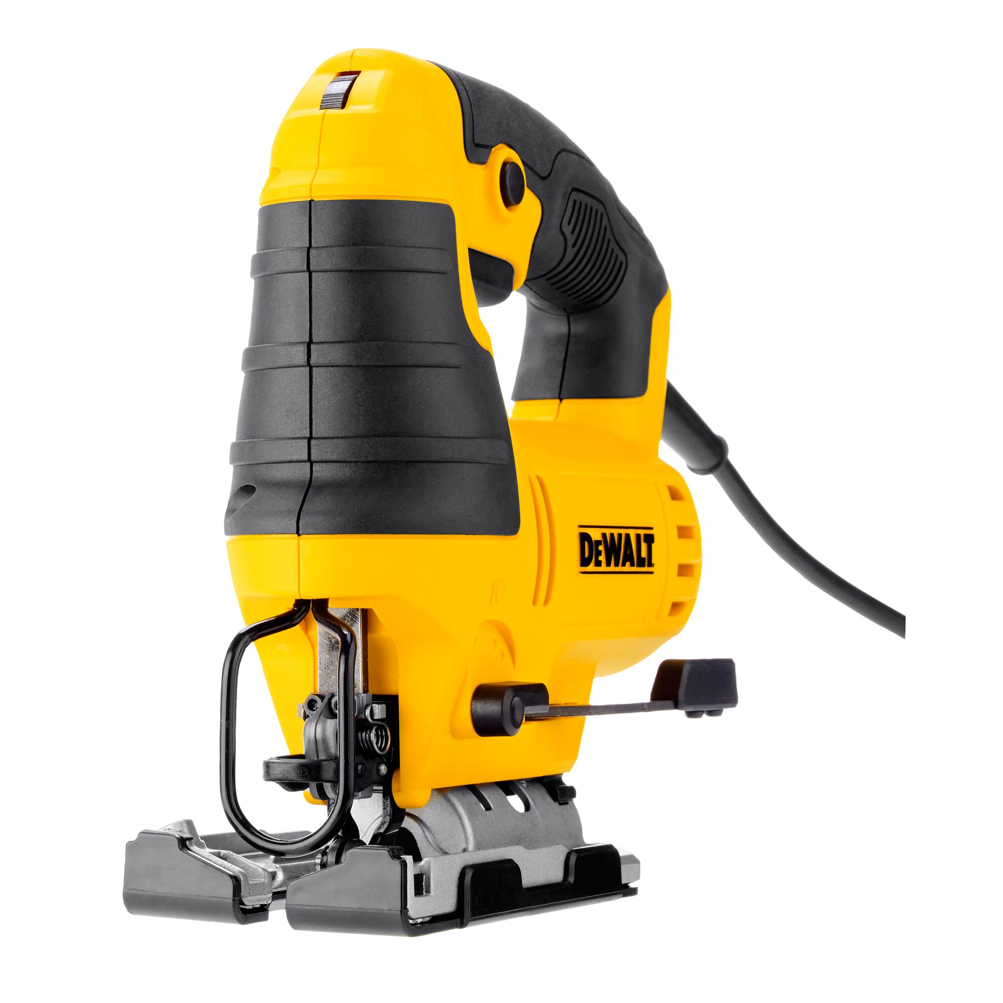 A DEWALT DWE349 yellow and black electric jigsaw with a power cord, designed for precise cutting tasks in woodworking and construction.