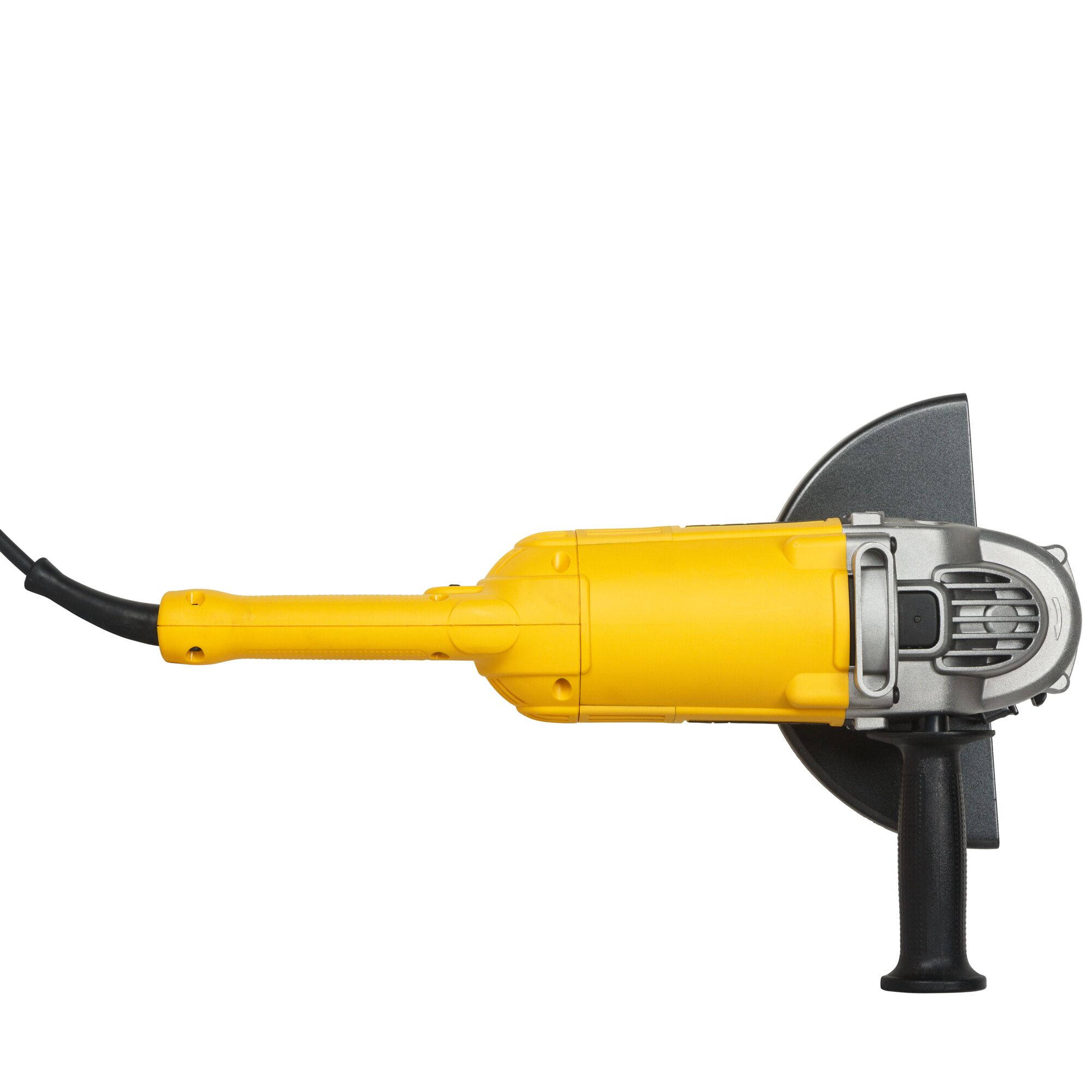 A yellow and black DEWALT angle grinder viewed from above, showing the motor housing, power cord, handle, and blade guard.