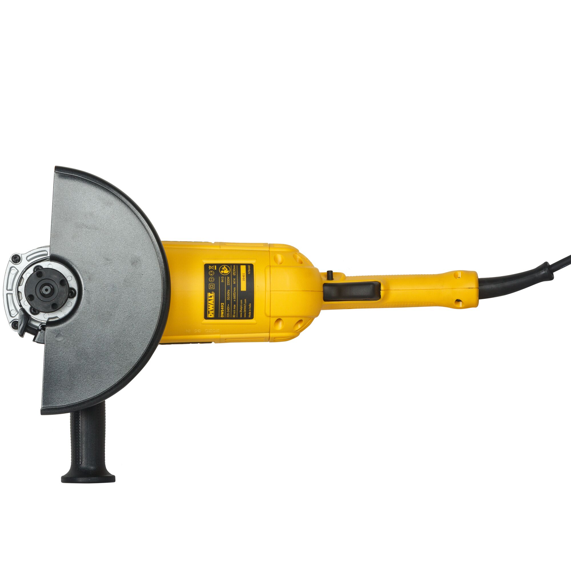 A yellow DEWALT angle grinder with a protective guard and a side handle, viewed from the side against a white background.