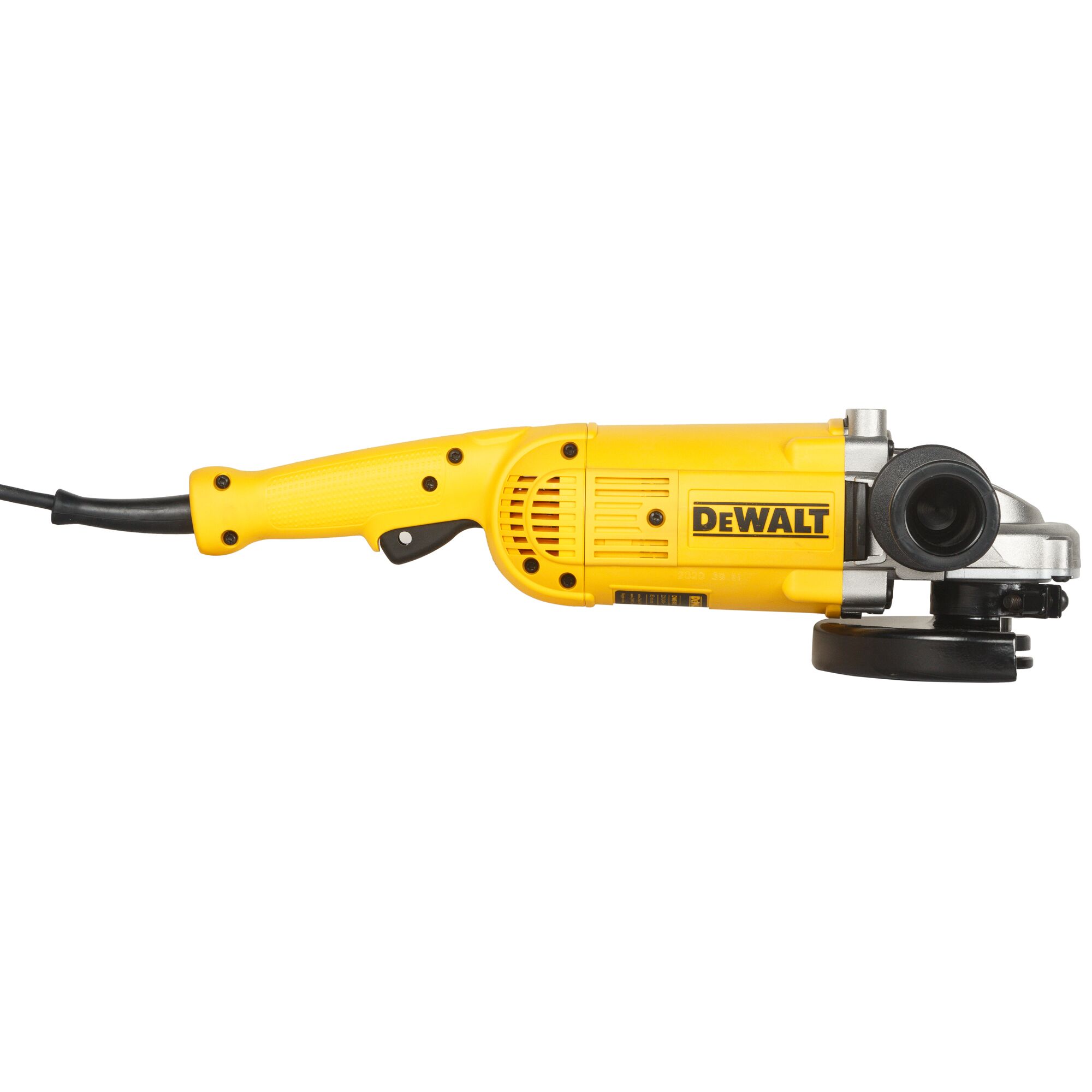 A yellow DEWALT angle grinder power tool with a black handle and disc, shown against a white background.