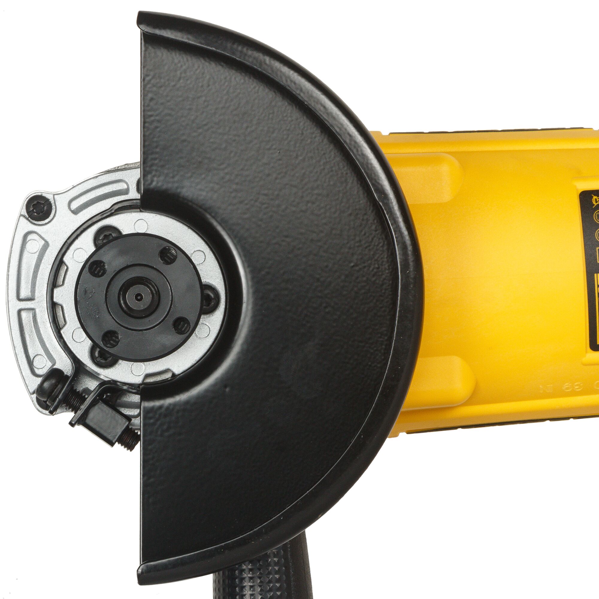 Close-up view of a DEWALT angle grinder showing the metal protective guard and part of the yellow body.